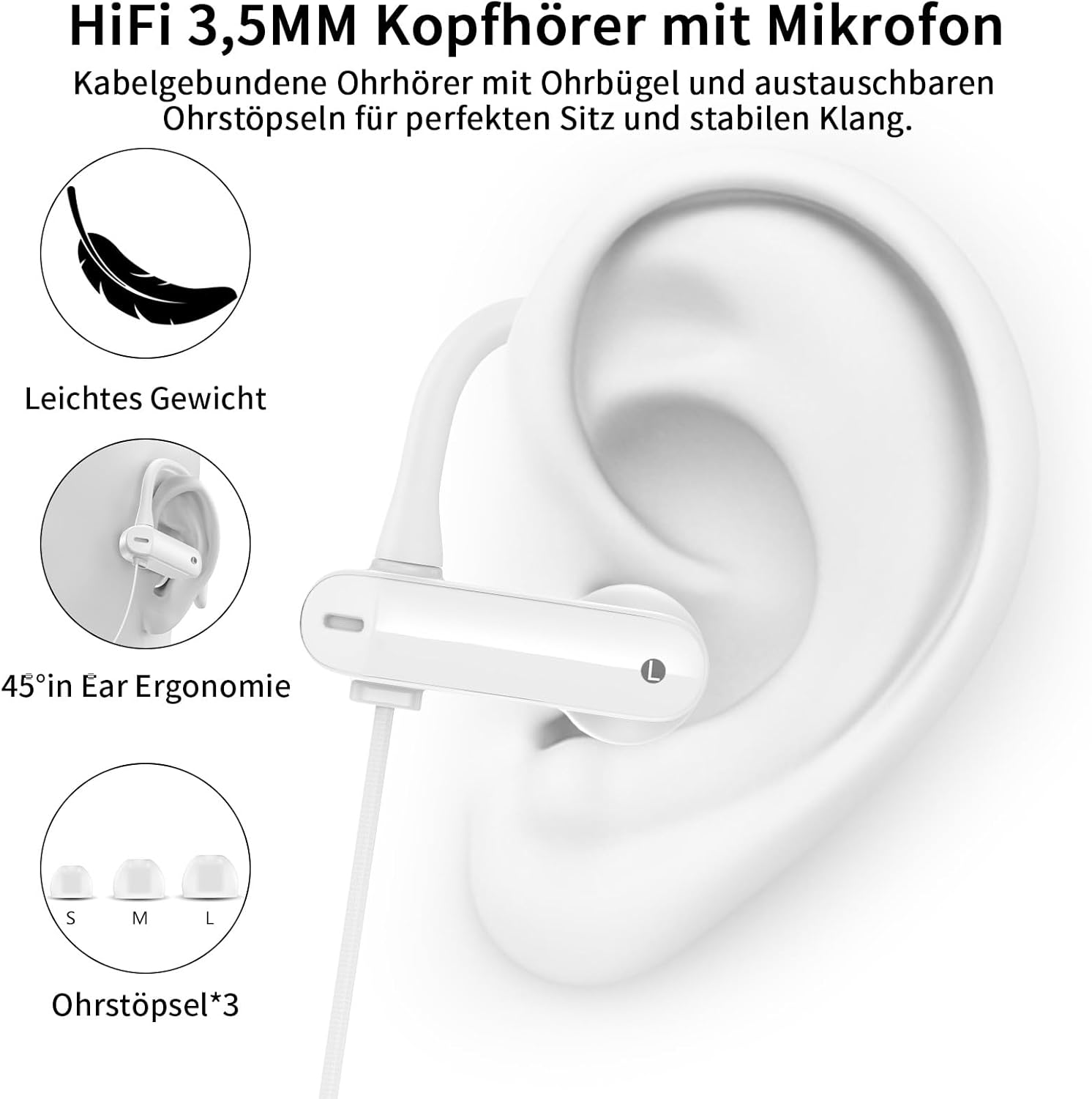 In-Ear Headphones with Cable Sport with Ear Hooks 1.8 M Microphone and Volume Control 3.5 Mm Headphones for Samsung A25 Iphone Ipad Hi-Fi Sound for MP3 MP4 Laptop Gaming Office Workout Music Travel image number 5