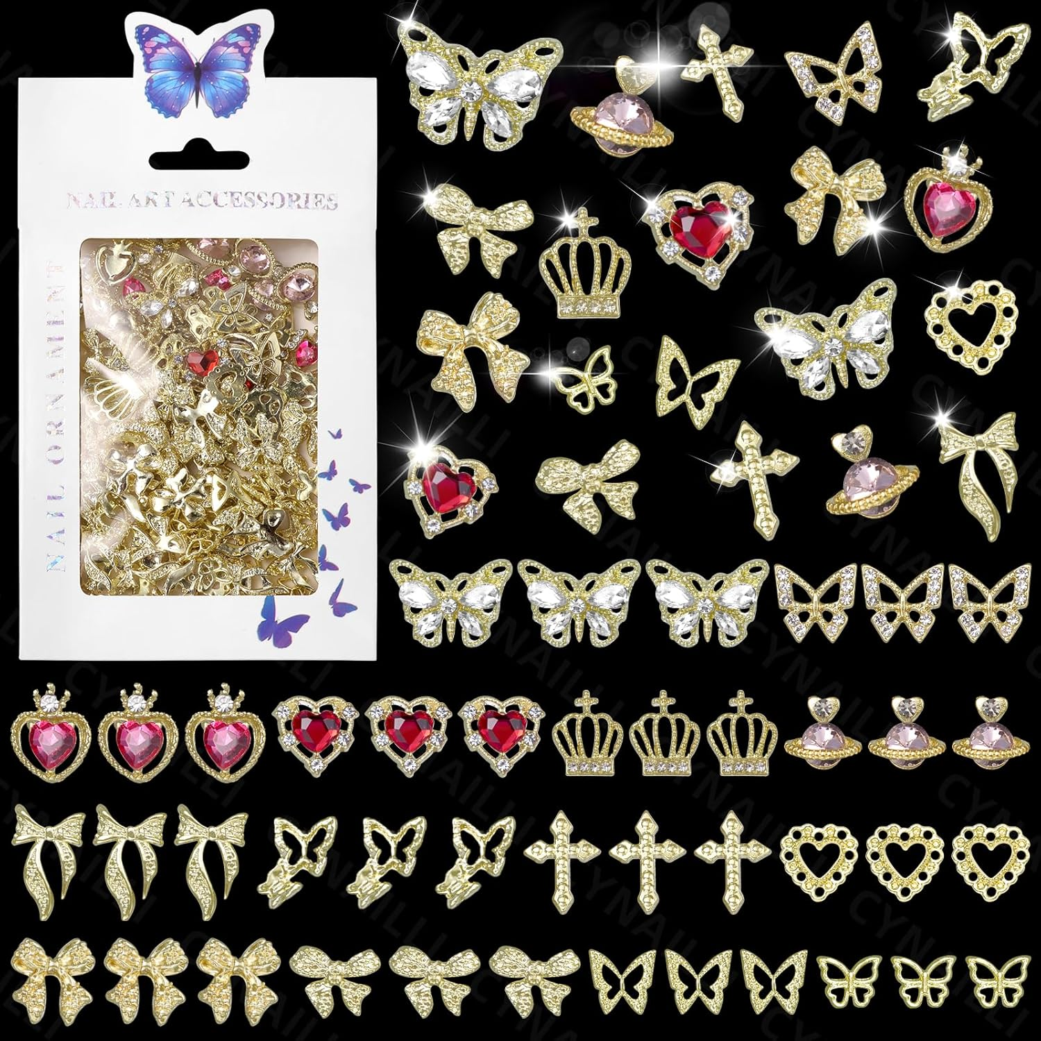 110 Pcs Gold Nail Charms and Gems Y2K, 3D Butterfly Heart Nail Gems, Planet Crown Nail Art Jewels, Cross Bows Charms for Alloy Nails Art Design DIY Accessories