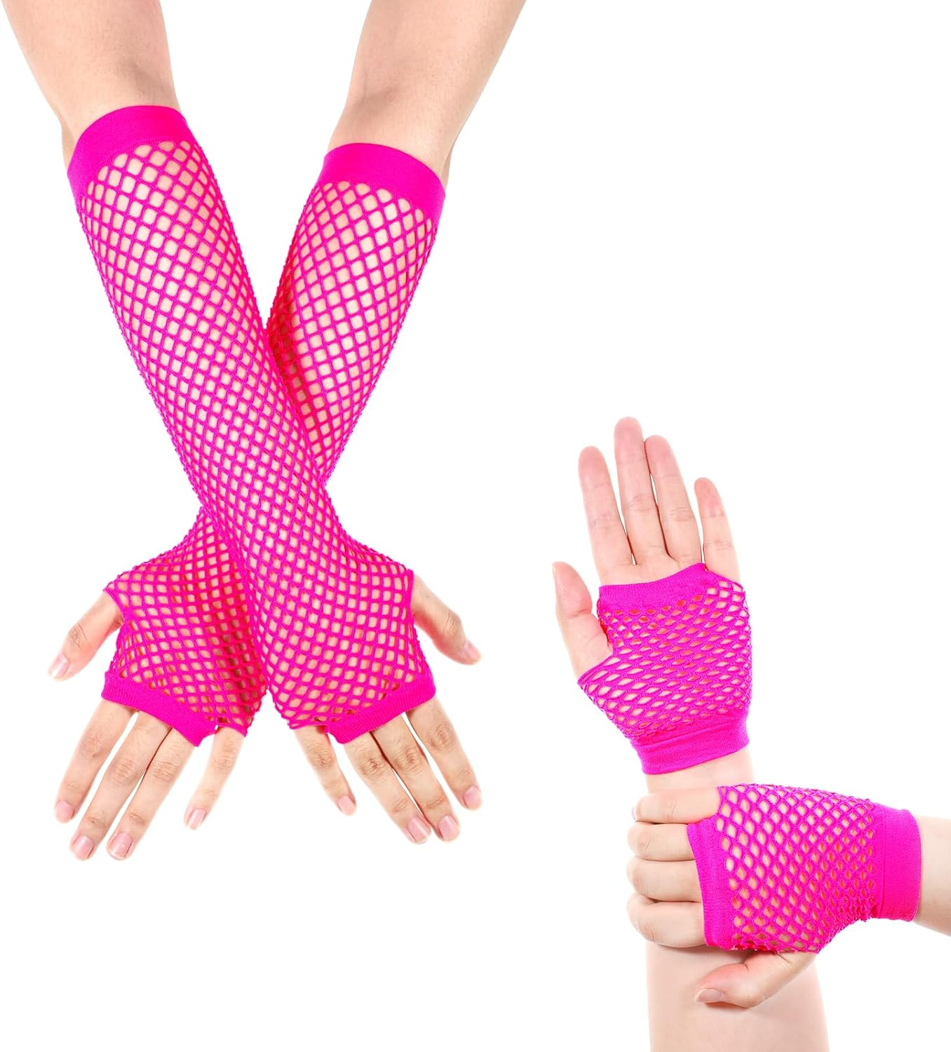 Skrfren 2 Pairs Fishnet Gloves Fingerless for Women, Women'S Mesh Emo Fingerless Arm Fishnet Gloves for 80S Costume Theme Party, Fish Net Arm Sleeve Mesh, Hot Pink, Long&Short image number 2