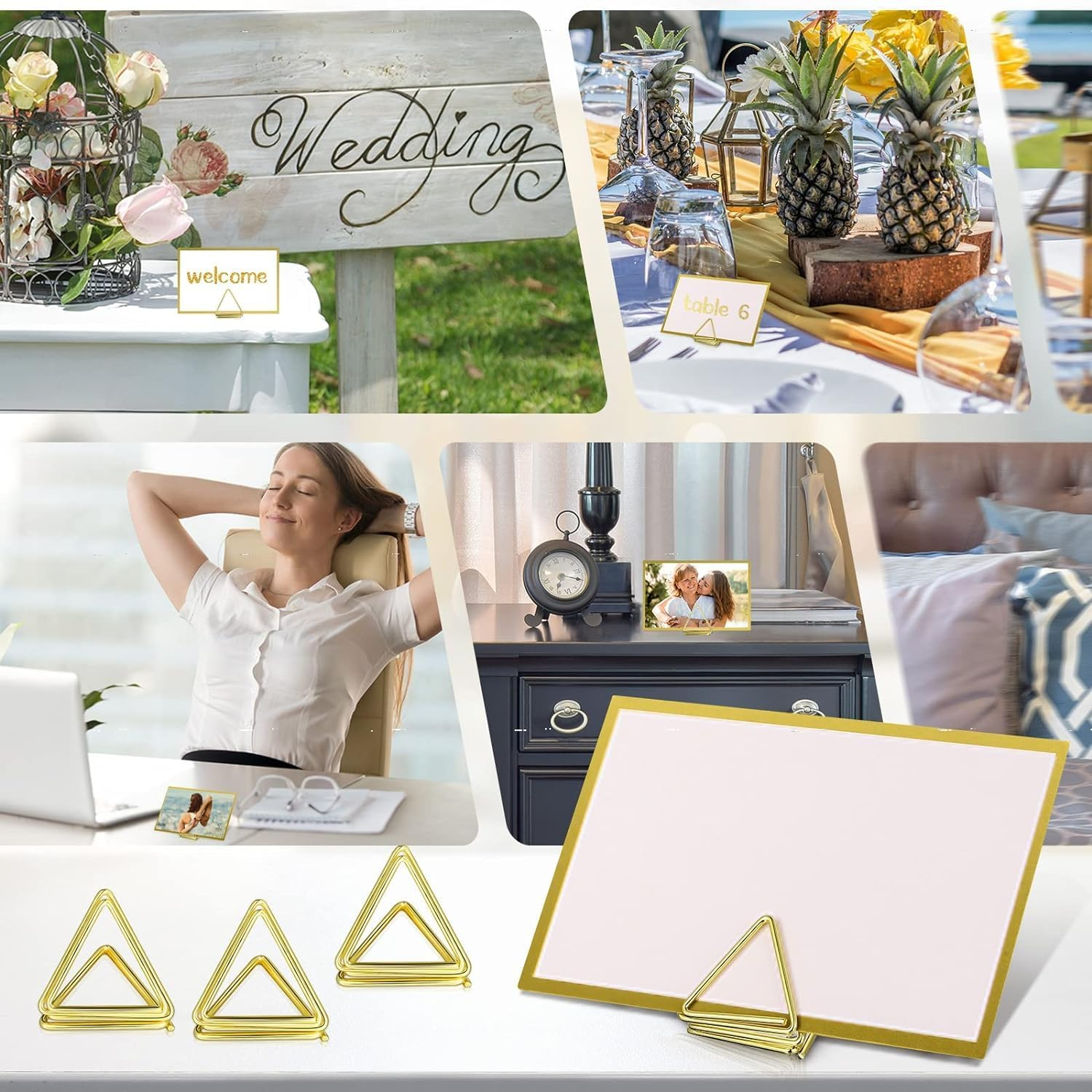 40Pcs Mini Place Card Holders, Triangle Shape Table Number Holder, Wedding Table Mini Name Card Holder, Memo Clip Photo Stands with Cards for Birthday Shower Office Home Decor(Gold)