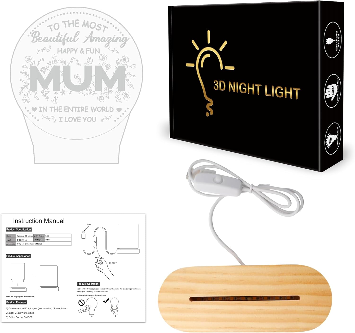 Gifts for Mum from Kids, I Love You Mom Night Light with Warm Light for Home Decor,Mum Gifts for Chritmas & Mother'S Day & Birthday & Thanksgiving Day for Mommy Mother Mama - Mom image number 4