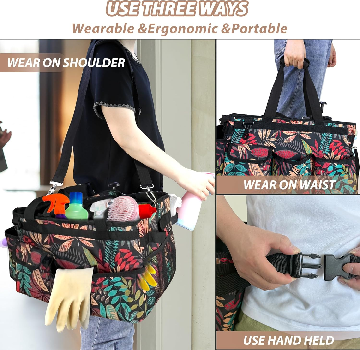 DCY BLUE Cleaning Caddy Organizer with Handle - Large Caddy Bag for House, Car, and Bathroom Cleaning Supplies, Housekeeping Handbag with Adjustable Shoulder Straps (Red) - Black image number 4