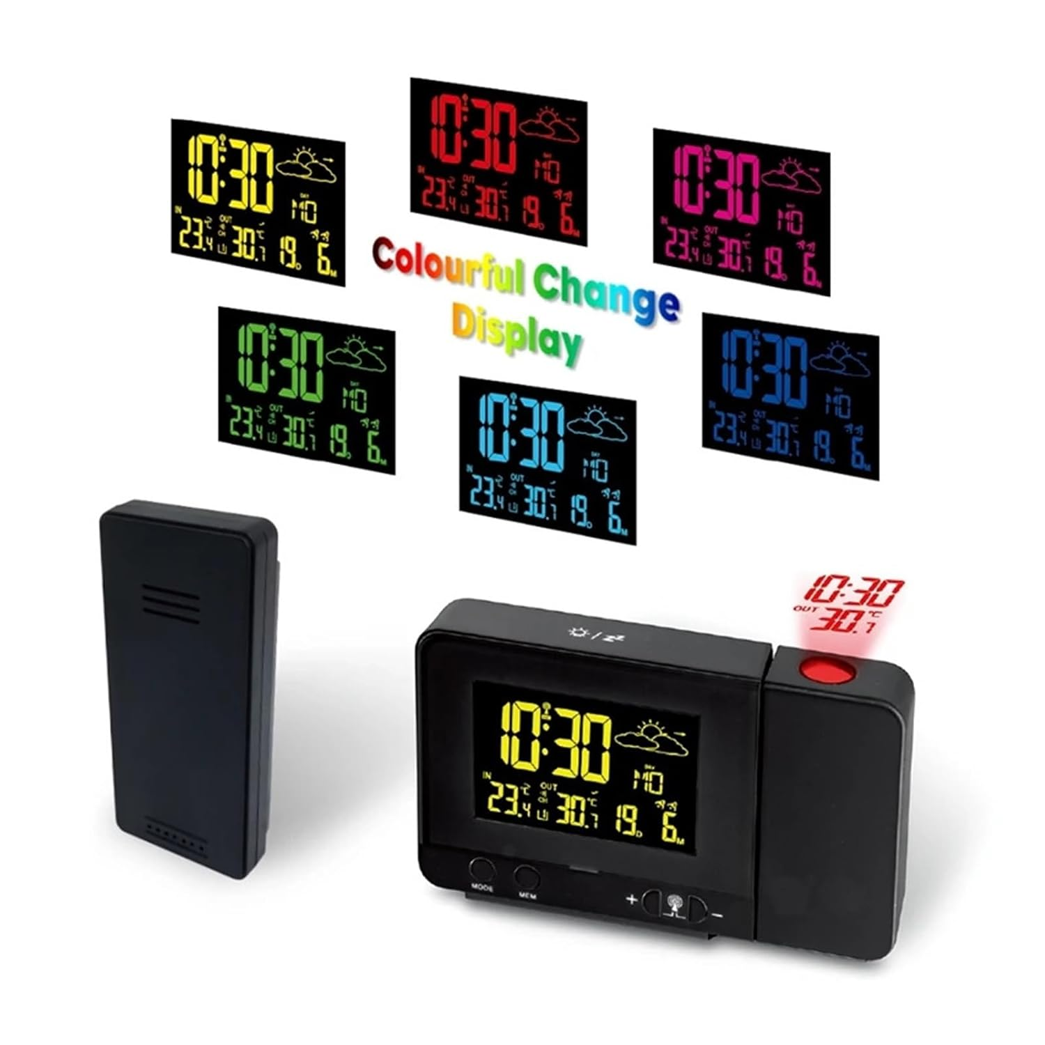 Indoor Outdoor Colorful Change LCD Display Weather Station Radio Control Projection Time Forecast Temperature Sensor image number 5