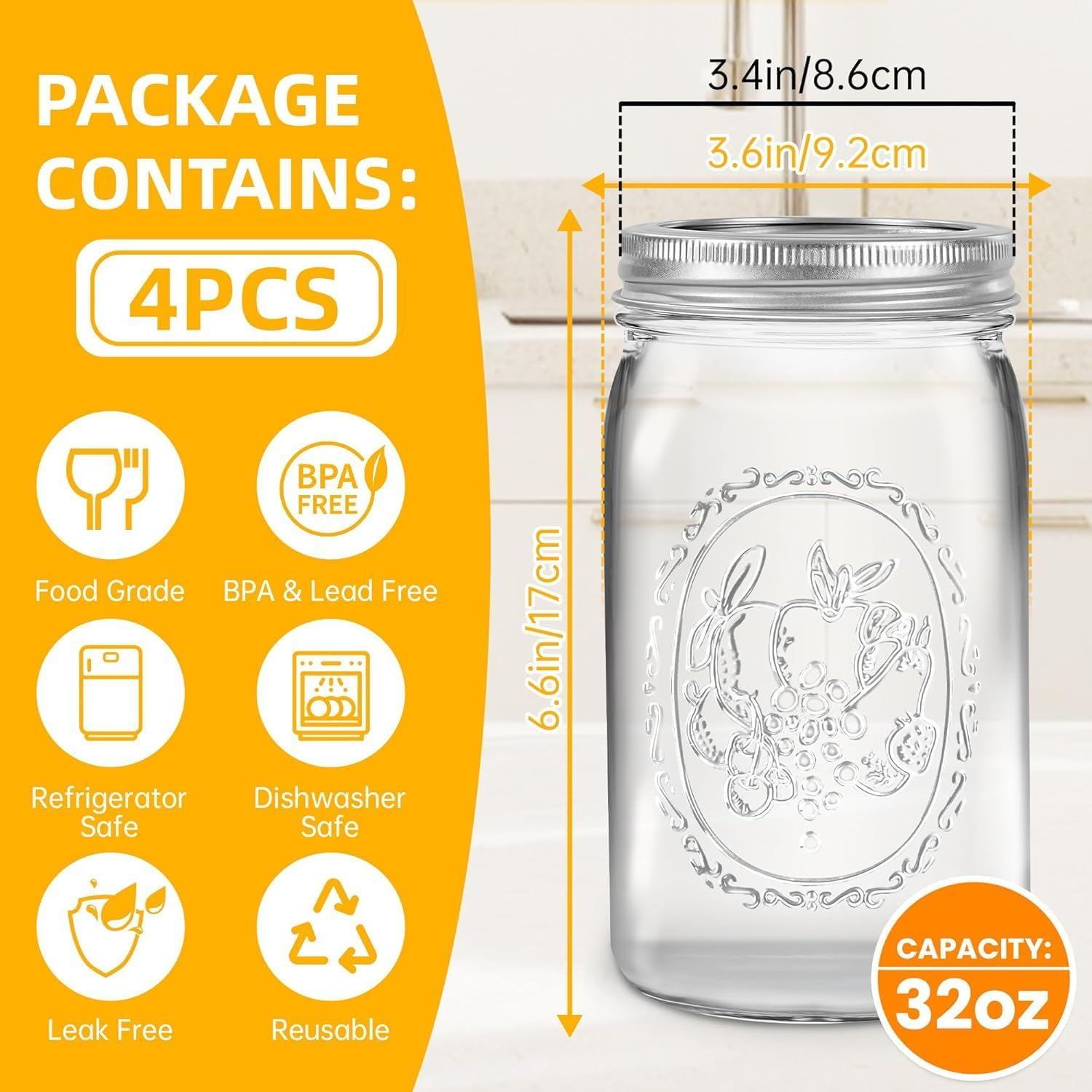 32 Oz Wide Mouth Mason Jars Half Gallon Mason Jars with Airtight Lids and Bands for Canning, Fermenting & Pickling (12) image number 6