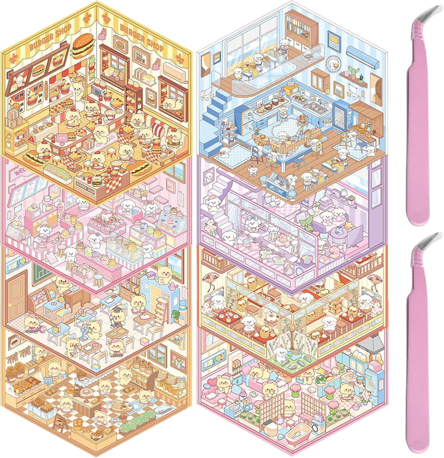 3D House Scene Stickers 8 Sets with 2 Metal Tweezers - DIY Mini Shop & Home Sticker Scenes for Kids & Adults, Cute Cartoon Animal Stickers for Stress Relief & Creativity