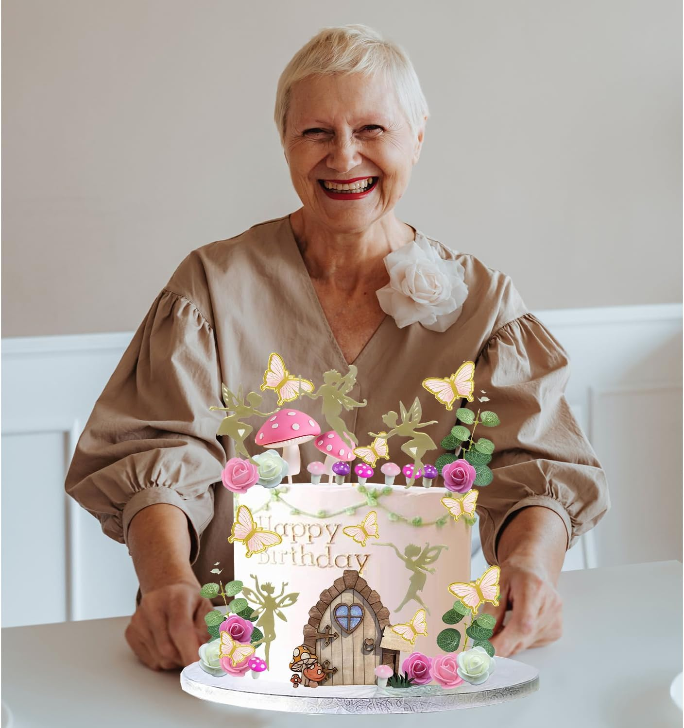 39PCS Fairy Cake Toppers Fairy Cake Decoration Pink Mushroom Door Butterfly Flowers Cake Decoration Fairy Garden Topper for Fairy Party Birthday Baby Shower - Fairy Cake Toppers image number 4