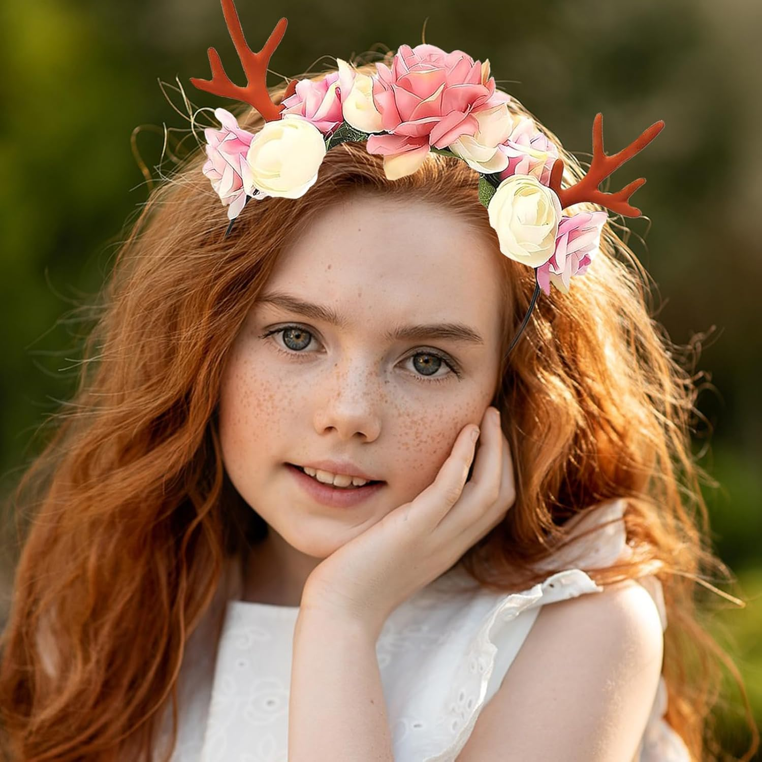 YUNHENTONG Deer Antler Headband + Deer Face Tattoo, Headband with Reindeer Antlers Headband for Carnival Halloween image number 5