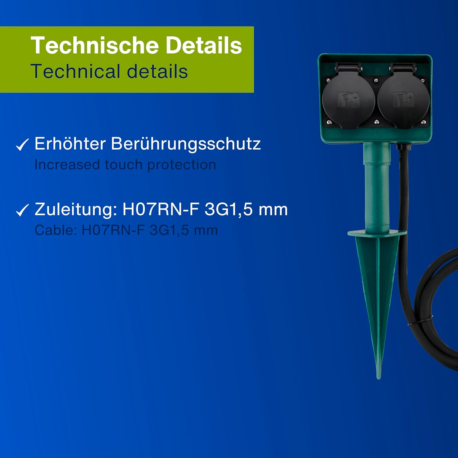 REV 0595009555 Ground Spike 4-Way Garden Socket IP44 Cable 1.4 M Max. 3500 W Green image number 3