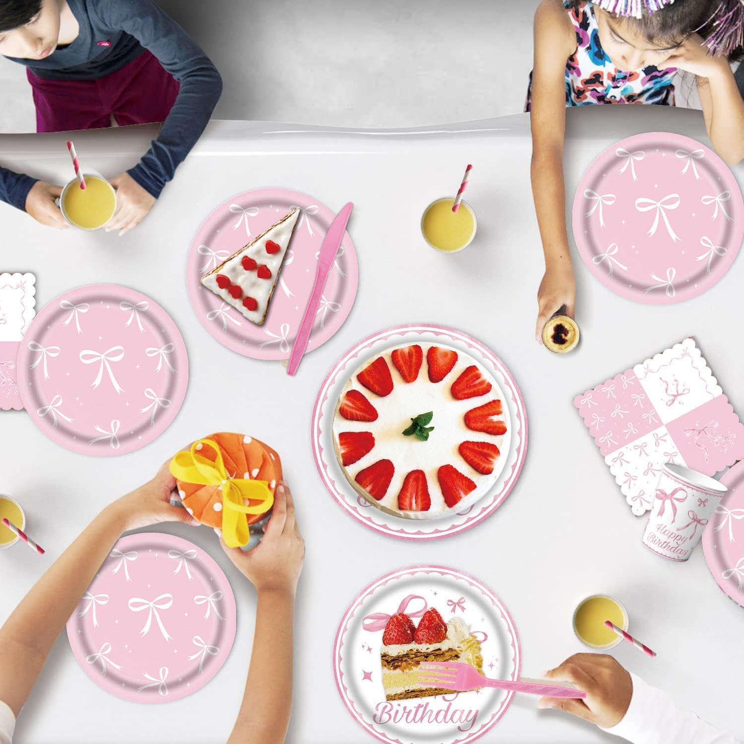 76PCS Happy Birthday Party Tableware Plates Romance Pink Bow Banner Tableware Set Valentine'S Day Party Decorations Theme Disposable Paper Plates Napkins Cups Tablecloth Party Table Decor Upgraded image number 5