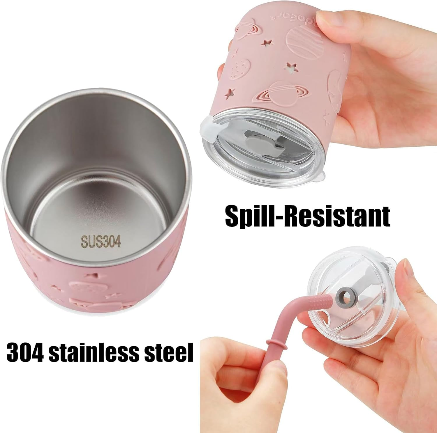 Pandaear Stainless Steel Baby Feeding Set | 2 Divided Suction Plates, 2 Spill-Proof Straw Cups with Silicone Sleeves, 2 Forks & 2 Spoons | Toddler Utensils for Baby Led Weaning, Bpa-Free image number 5