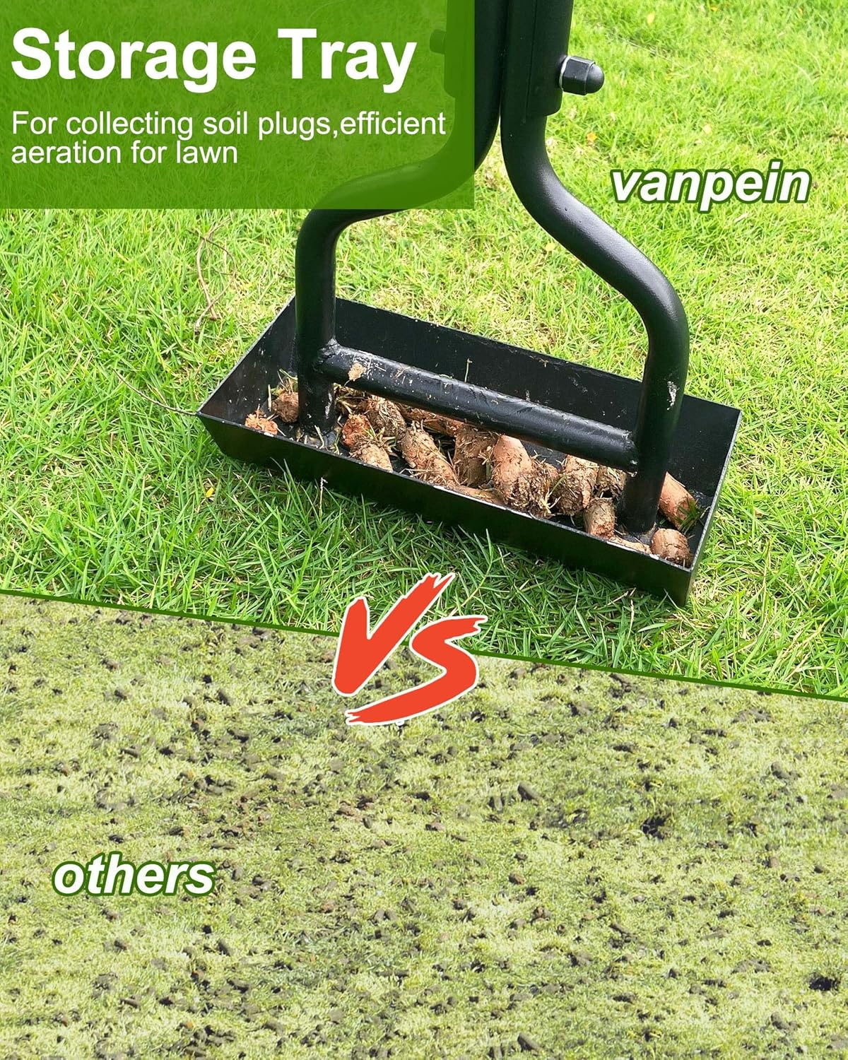Vanpein Lawn Aerator Coring Garden Tool with Soil Core Storage Tray, Manual Yard Plug Aerators & Clean Tool, Grass Aeration Gardening Tools with 3 Tines for Lawn Care, Compacted Soil, 37.6&rdquo; image number 1