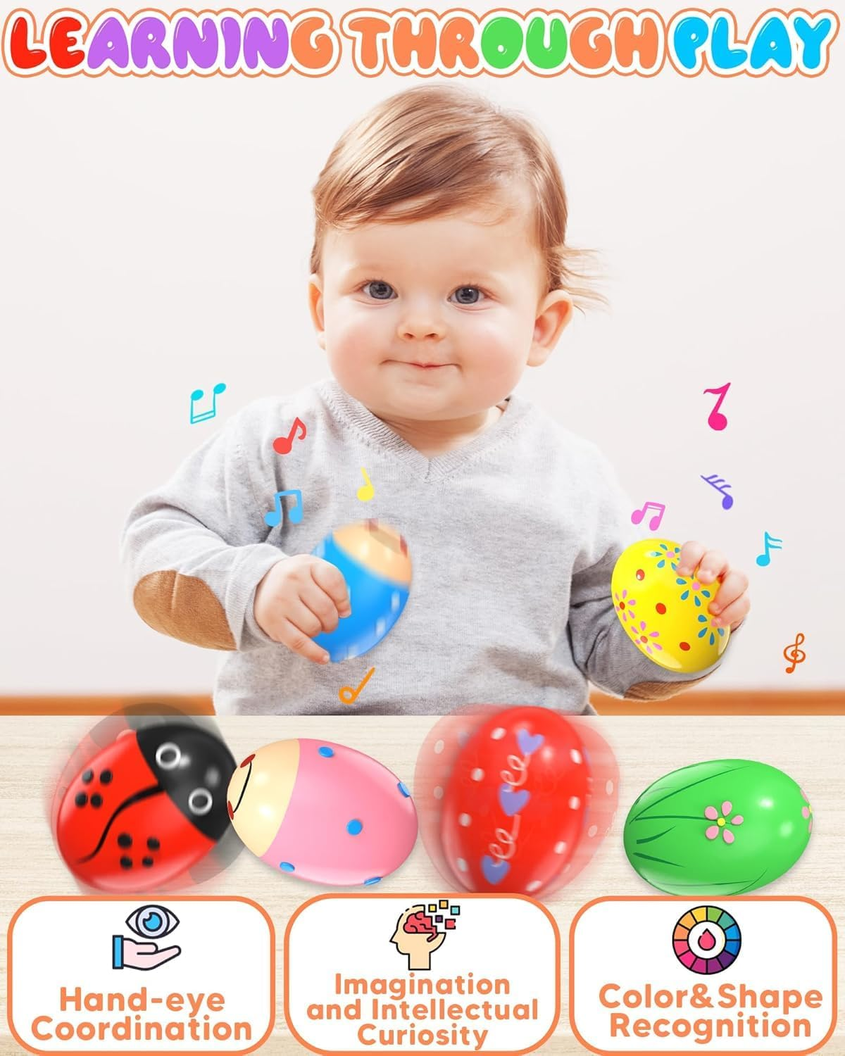 6 Pack Wooden Percussion Musical Easter Eggs, Adorable Wooden Egg Maracas Musical Colorful Percussion Easter Egg Shakers, for Party Favors, Classroom Prize Supplies, Musical Instrument image number 1