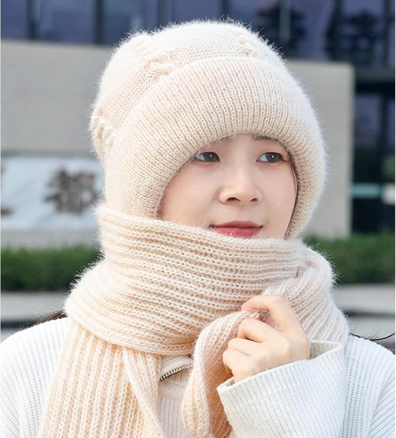 Lopsity Winter Warm Knitted Hat for Women Integrated Ear Protection Windproof Cap Scarf Knitting Thick Winter Knitted Hat for Women 2 in 1 Winter Warm Knitted Hat Scarf image number 4