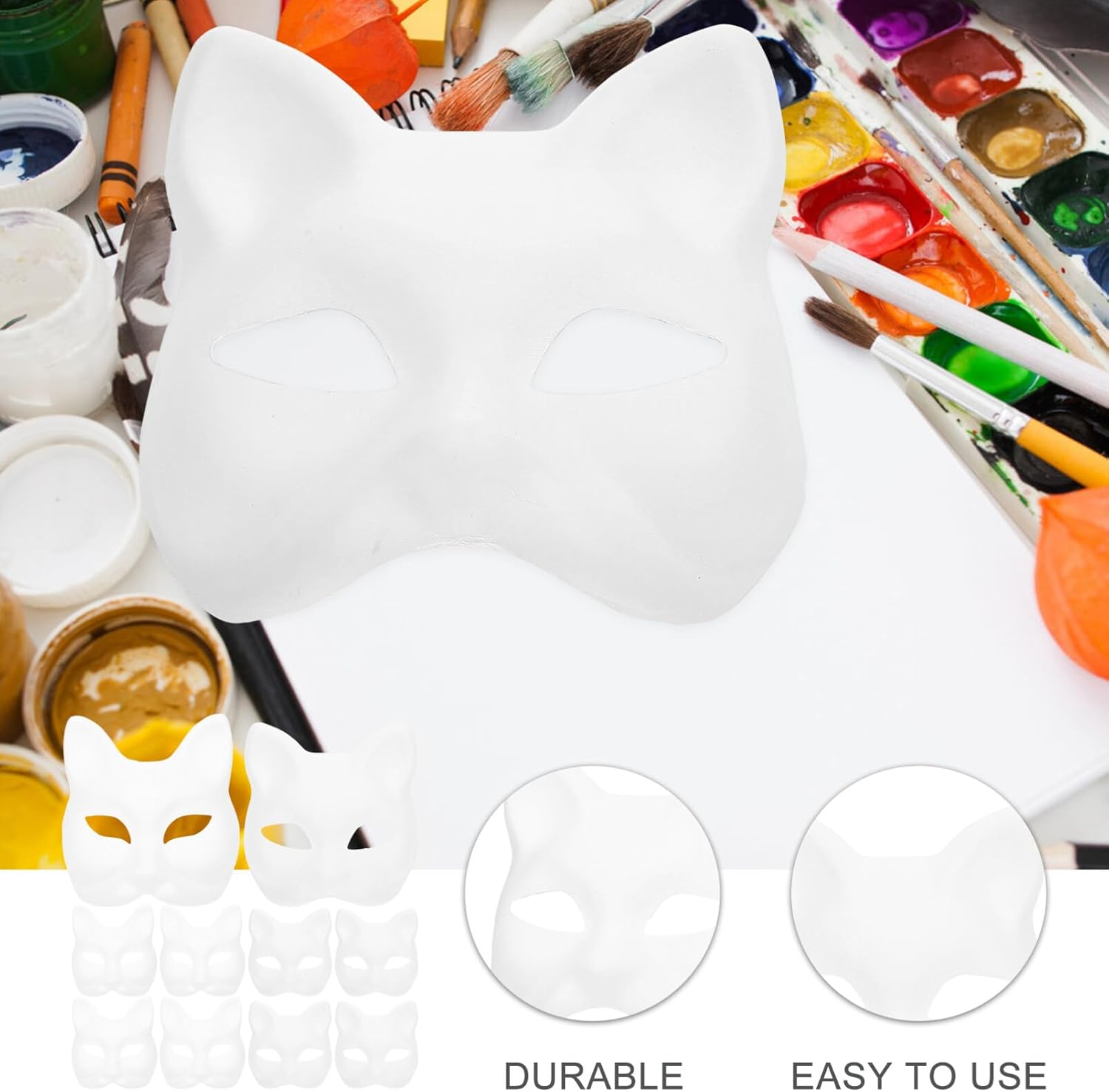 Diy Paper Mask 10Pcs Cat Mask Fox Mask Unpainted Masquerade Mask Paper Mache Mask White Craft Mask Pulp Blank Paintable Mask for Easter Costume image number 1