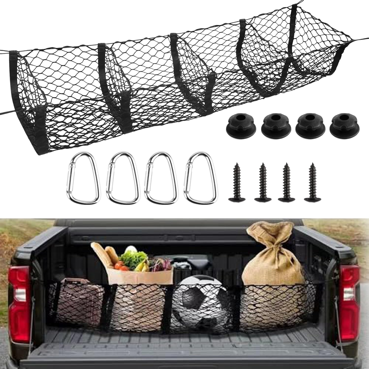 Cargo Net Trunk Organizer, Mesh Storage Net Heavy Duty Cargo Net with 4 Pocket, Stretchable Mesh Organizer with Hook and Screw, Universal Pickup Meshs Storage for SUV Car Pickup Truck Bed image number 2