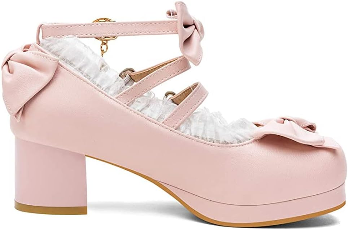 LUXMAX Women Cute Shoes Kawaii Pumps Mid Block Heel Mary Janes Platform Sweet Cosplay Dress Shoes Strappy Ankle Strap Pumps with Bow image number 5