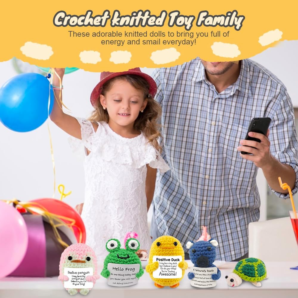 5PCS Positive Crochet Animals Decor, Soft Knitting Cute Handmade Mini Funny Crochet Gifts with Affirmations Cards, Emotional Support Positive Duck for Birthday Xmas Party Gifts Office Home Decor image number 3