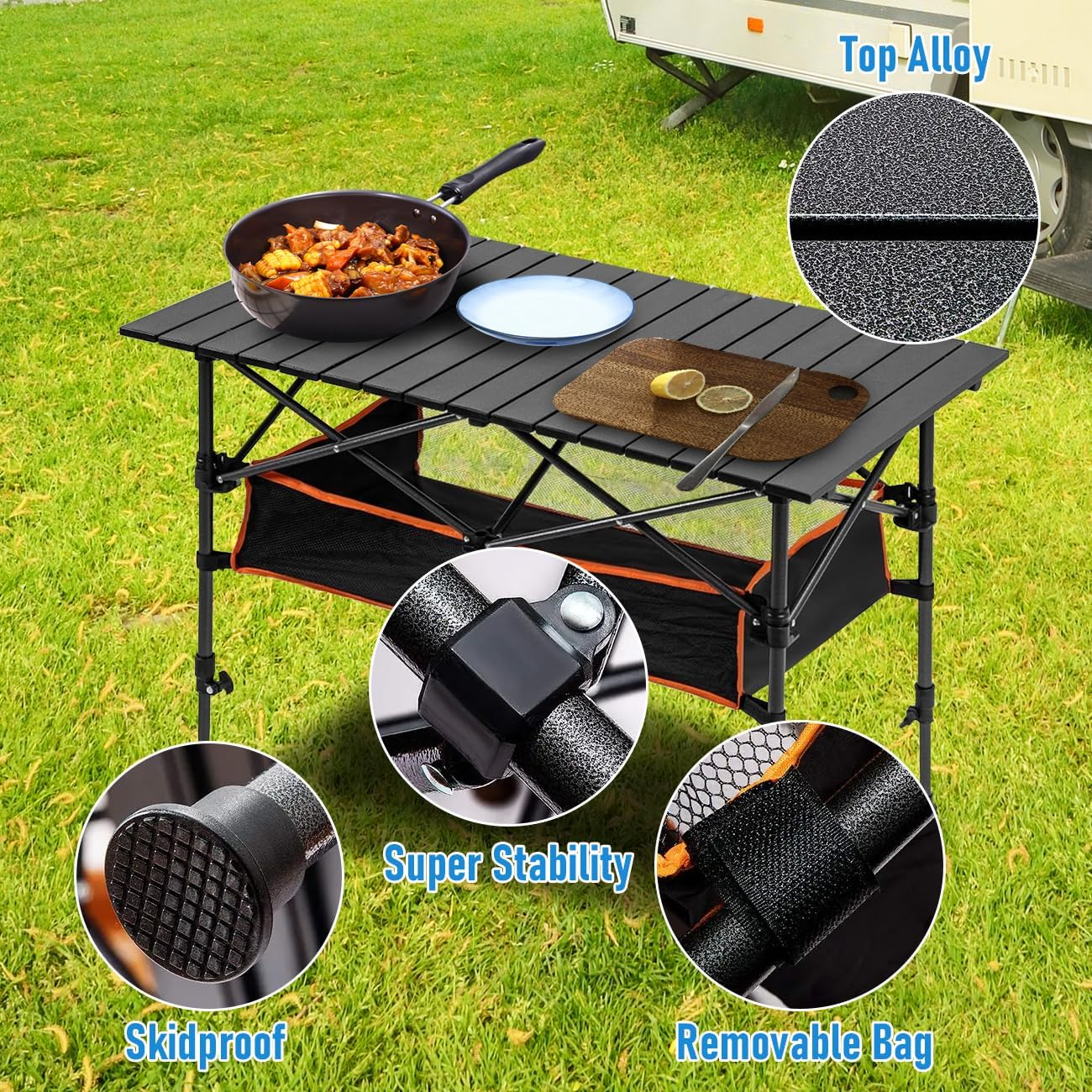 Alpen Camping Table, Folding Picnic Table with Storage Basket, Adjustable Height Foldable Lightweight Table for Outdoor Beach Grill BBQ Travel(Black with Storage Basket) image number 4