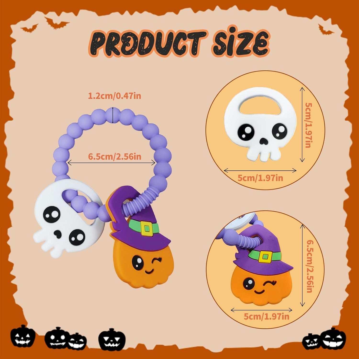 NNAKLLI Halloween Baby Teething Toys, Food Grade Silicone Teether for 3-12 Months, Textured Sensory Chewing Ring for Infants & Toddlers, Boo Basket Stuffer, Great for Baby&rsquo;S First Halloween (Pumpkin & Skeleton) image number 1
