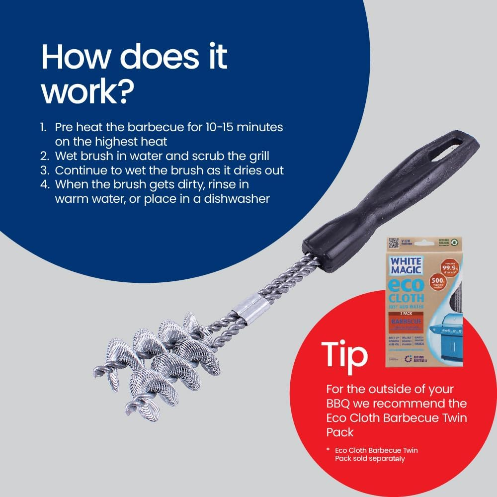 White Magic Mini Double Helix BBQ Brush - 20Cm, Made in USA, Patented Continuous Bristles, Compact Design, Dual Helix for Effortless Grill Cleaning, Ergonomic Grip, Dishwasher Safe image number 6