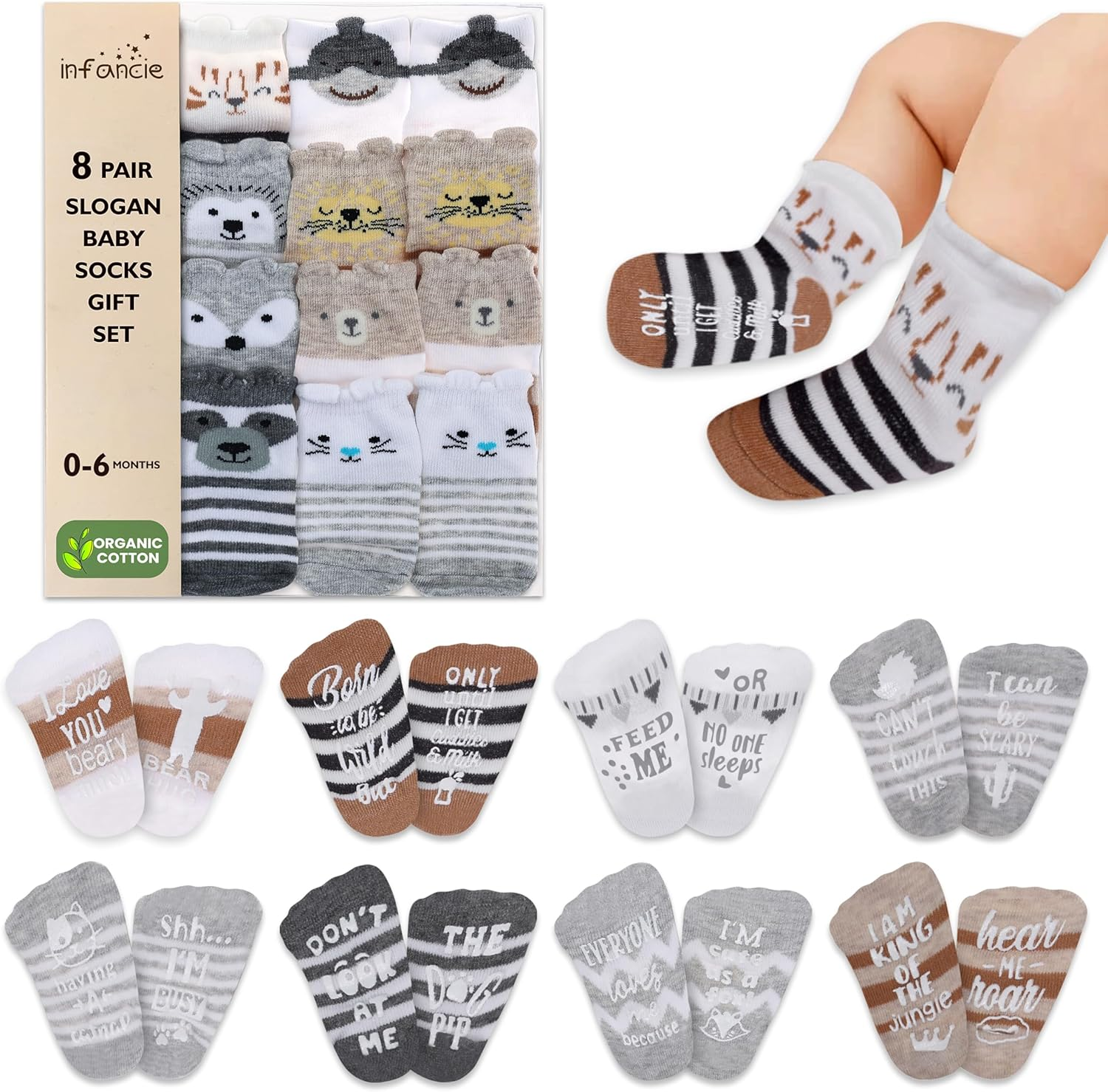 Adorable Newborn Baby Slogan Socks &ndash; 8-Pair Set for 0-6 Months | Soft and Stylish Infant Socks for Baby Girls and Boys, Multicolour, 0-6 Months image number 1