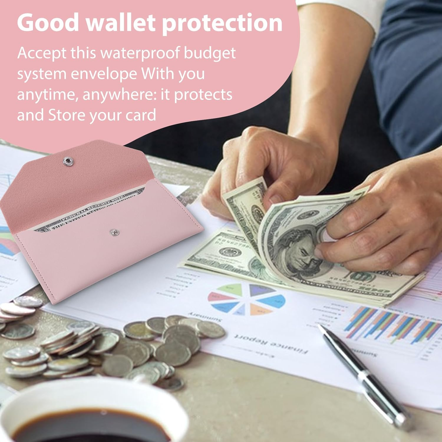 Teaaha Cash Wallet Genuine Leather Money Stuffing Wallet Organiser Reusable Budget Envelope Wallet Retro Clutch Wallet for Men Women Cash Check Billing, Minimalist Design, Pink, Modern