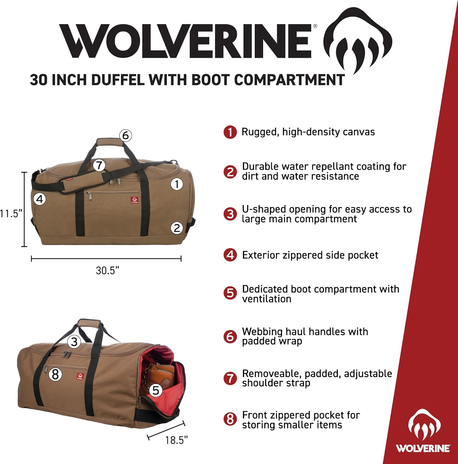 WOLVERINE 30" Duffel with Boot Made from High-Density Canvas, 112L Capacity Main Compartment - Chestnut image number 4