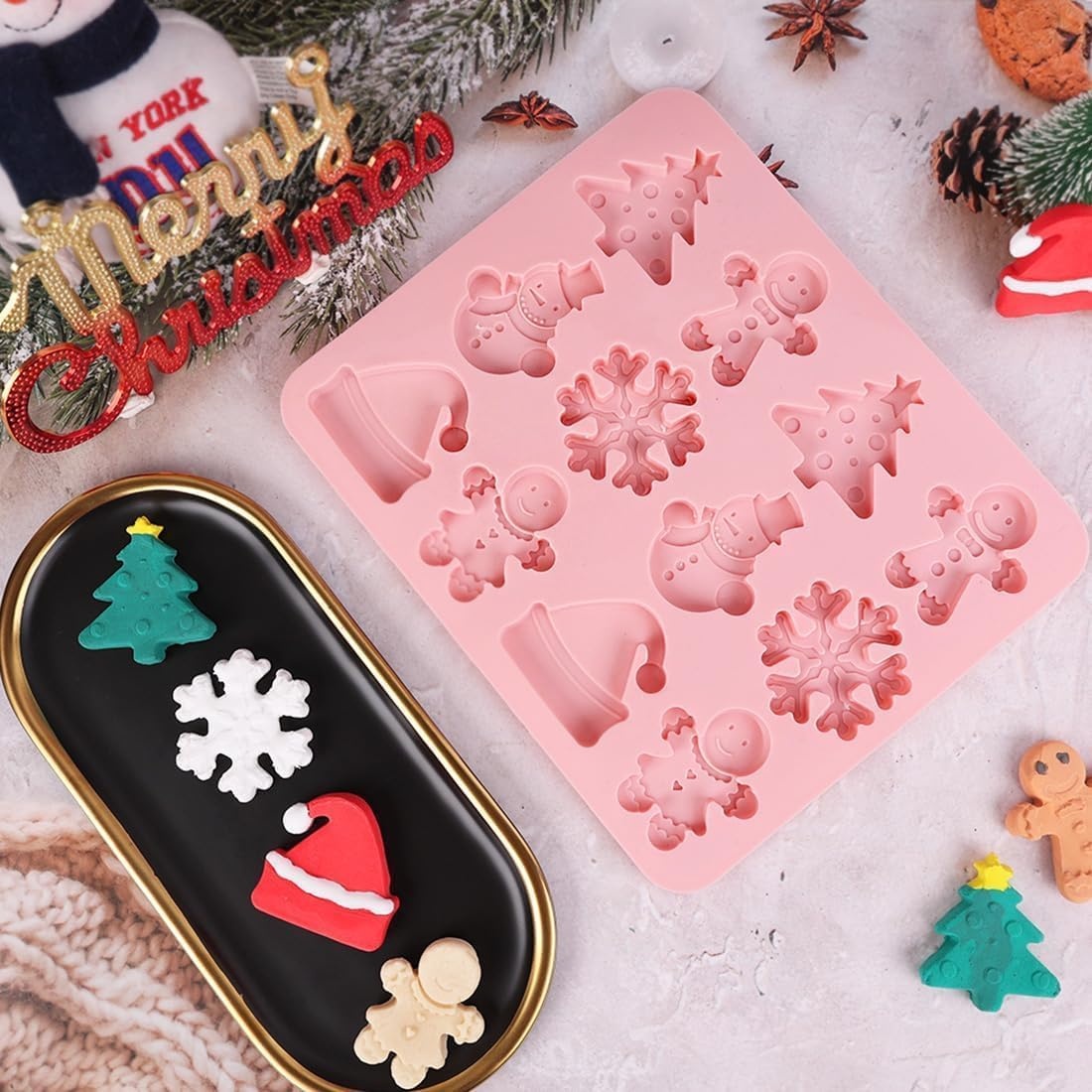 Christmas Silicone Molds,2 PCS 12 Cavities Candy Baking Molds,For Mini Cakes, Handmade Soap, Chocolate, Jello, Candy and Candles,With Snowflake Gingerbread Santa Snowman Molds image number 5
