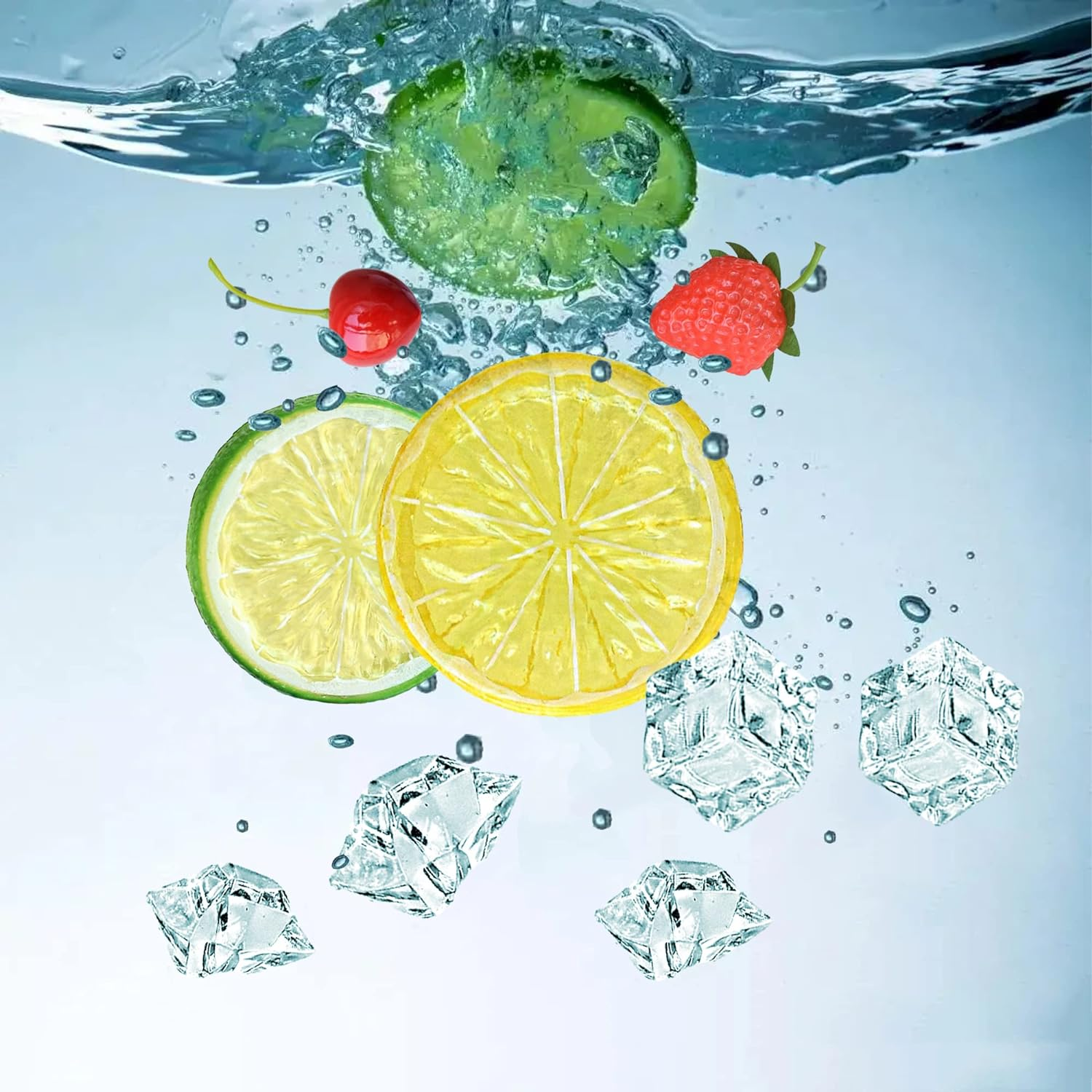 Chewarelly 70 Pcs Fake Fruits Ice Cube Set, Include 10 Artificial Lemon Slice 10 Simulation Cherries 5 Fake Strawberry 45 Fake Crushed Ice and Ice Cubes for Home Kitchen Decoration - Color Ice With Lemon Strawberry Cherry image number 7