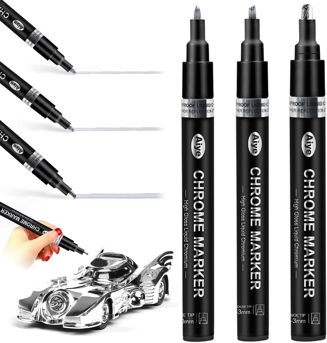 Claumeng 3PCS Liquid Chrome Marker Mirror Paint Pen Set Metallic Marking Markers DIY Art Craft Highlight for Metal Rock Wood Fabric Glass Canvas Width 1Mm to 2Mm (Silver) image number 1