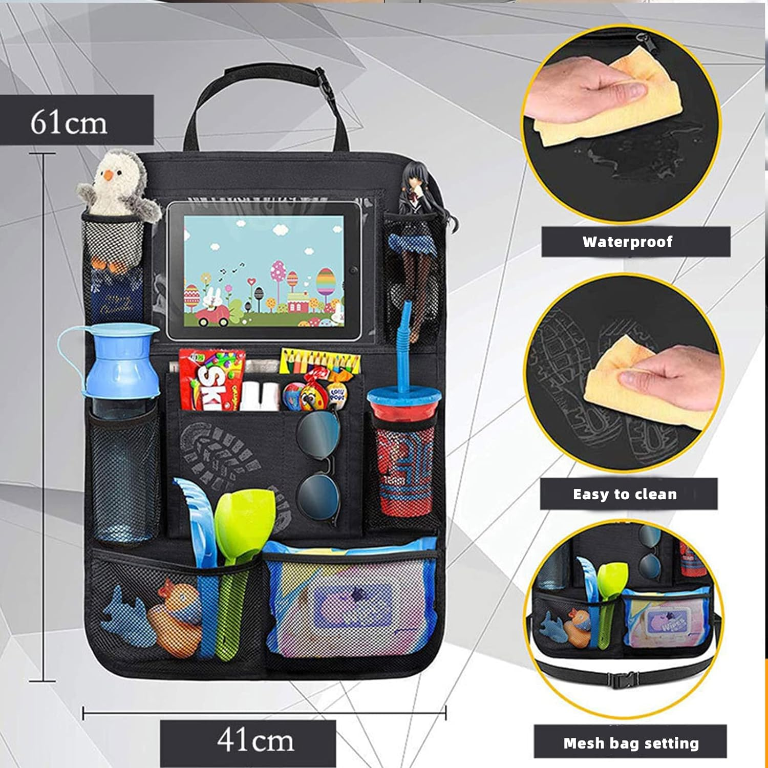 2PCS Car Organisers, Car Seat Back Organiser with 10 Inch Ipad/Tablet Bag, 600D Oxford Fabric Waterproof Car Seat Back Seat Organiser Car Seat Protector Backrest, Black