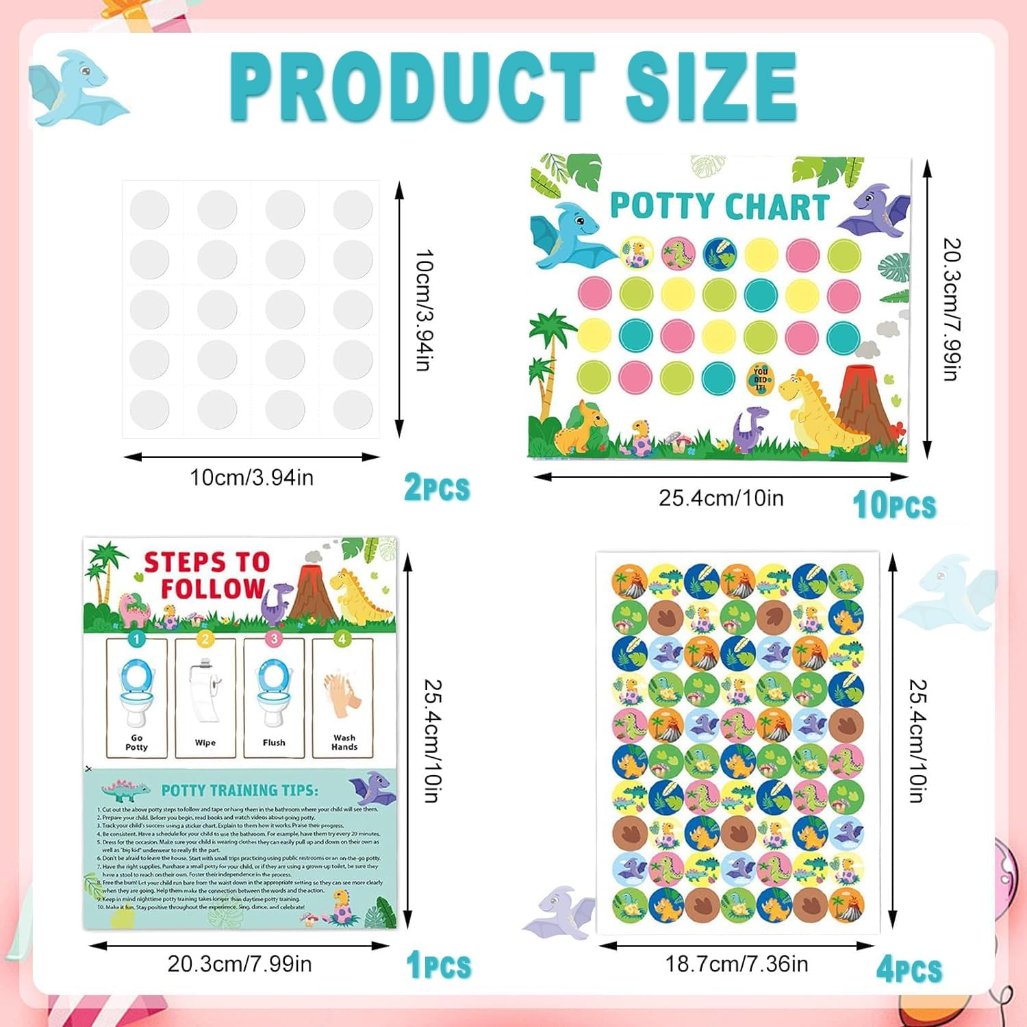 IONPSHG Potty Training Chart for Toddlers Boys & Girls Cartoon Potty Chart with Stickers Toddler Potty Training Sticker Chart for Toilet Training Kids Rewards Chart for Reward Chart on Wall Bathroom (Dinosaur)