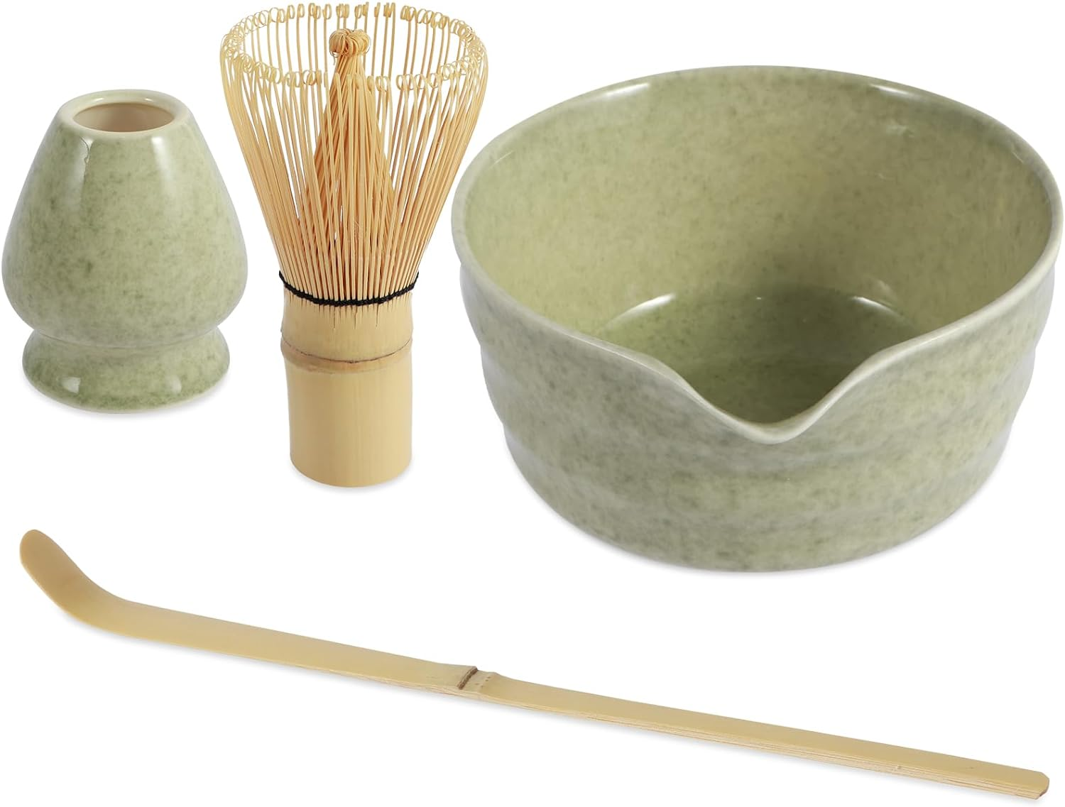 Handcrafted Bamboo Matcha Whisk Set, Ceramic Matcha Bowl with Pouring Spout and Stainless Sifter, Matcha Whisk Holder, Bamboo Scoop Exquisite Matcha Kit for Matcha Tea (Style-02)