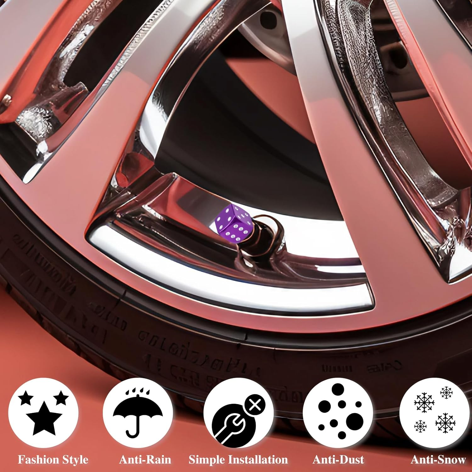 4PCS Dice Style Tire Valve Stem Caps, with O Rubber Ring, Universal Aluminium Alloy Dustproof Tire Valve Stem Covers for Cars, SUV, Trucks, Bikes, Motorcycles, Bicycles(Purple) image number 6