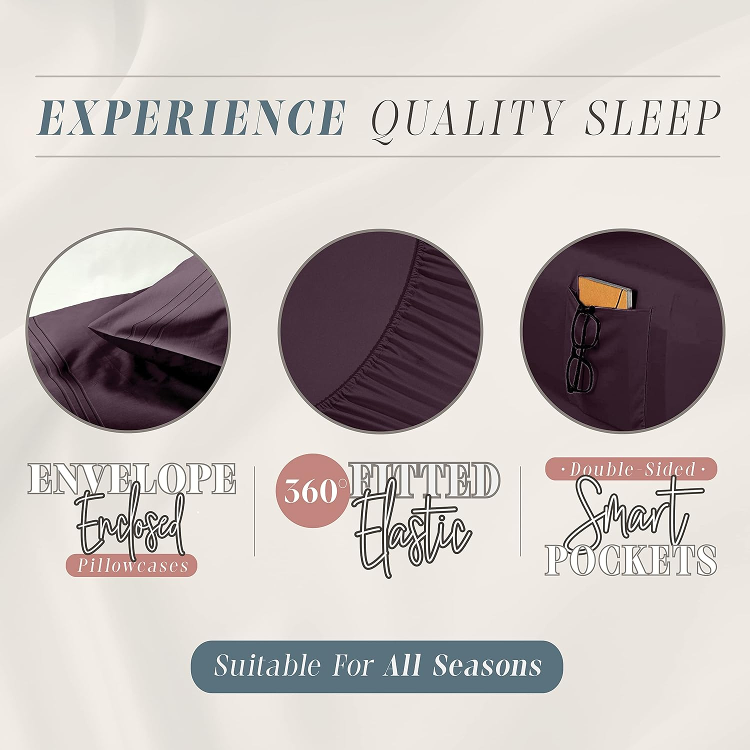 Elegant Comfort 4-Piece Full- Smart Sheet Set! Luxury Soft 1500 Thread Count Egyptian Quality Wrinkle and Fade Resistant with Side Storage Pockets on Fitted Sheet, Full, Eggplant-Purple image number 2