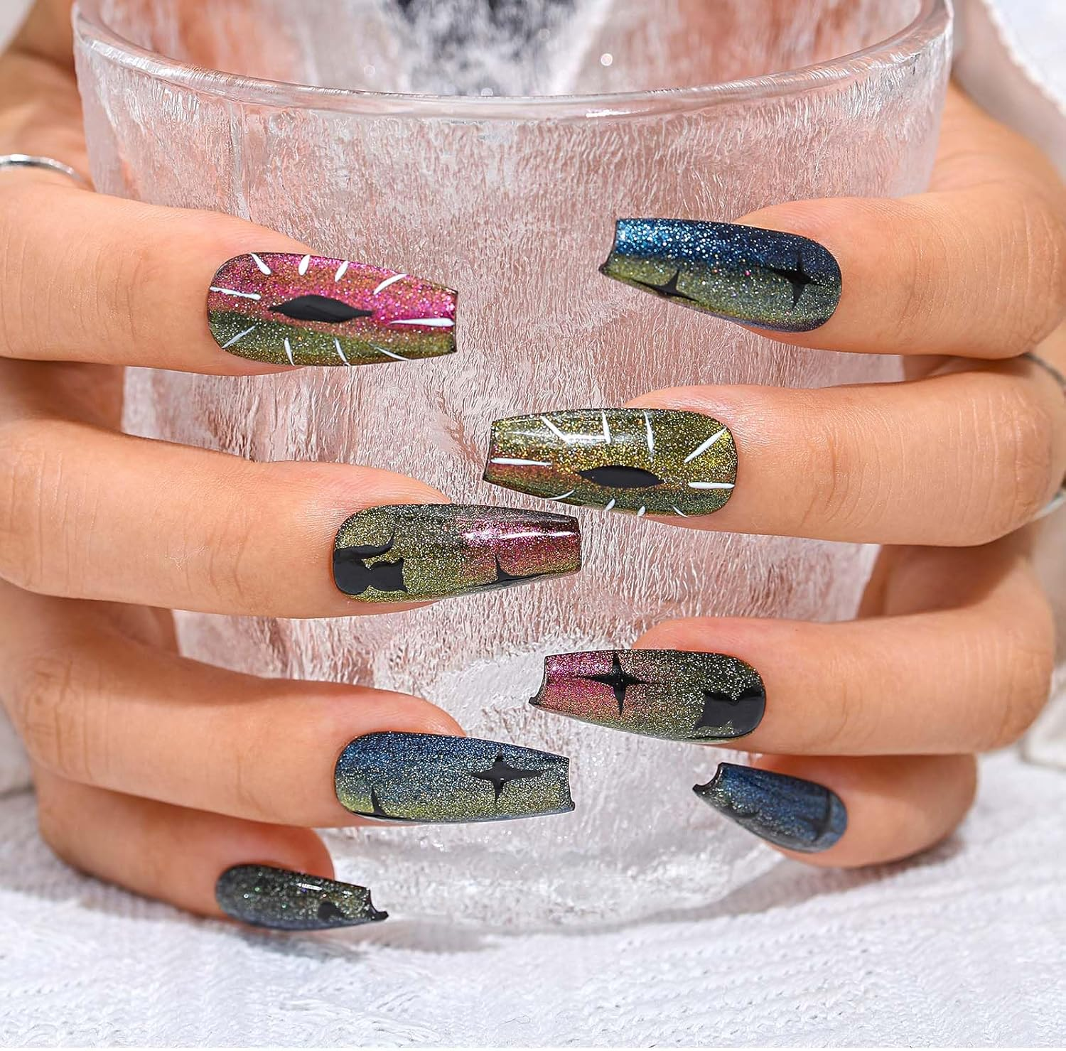 Sethexy Long Coffin Cat Eye False Nails Handmade Painted Sparkling Acrylic Shiny Press on Nails for Women and Girls 20 Pieces (T) image number 1