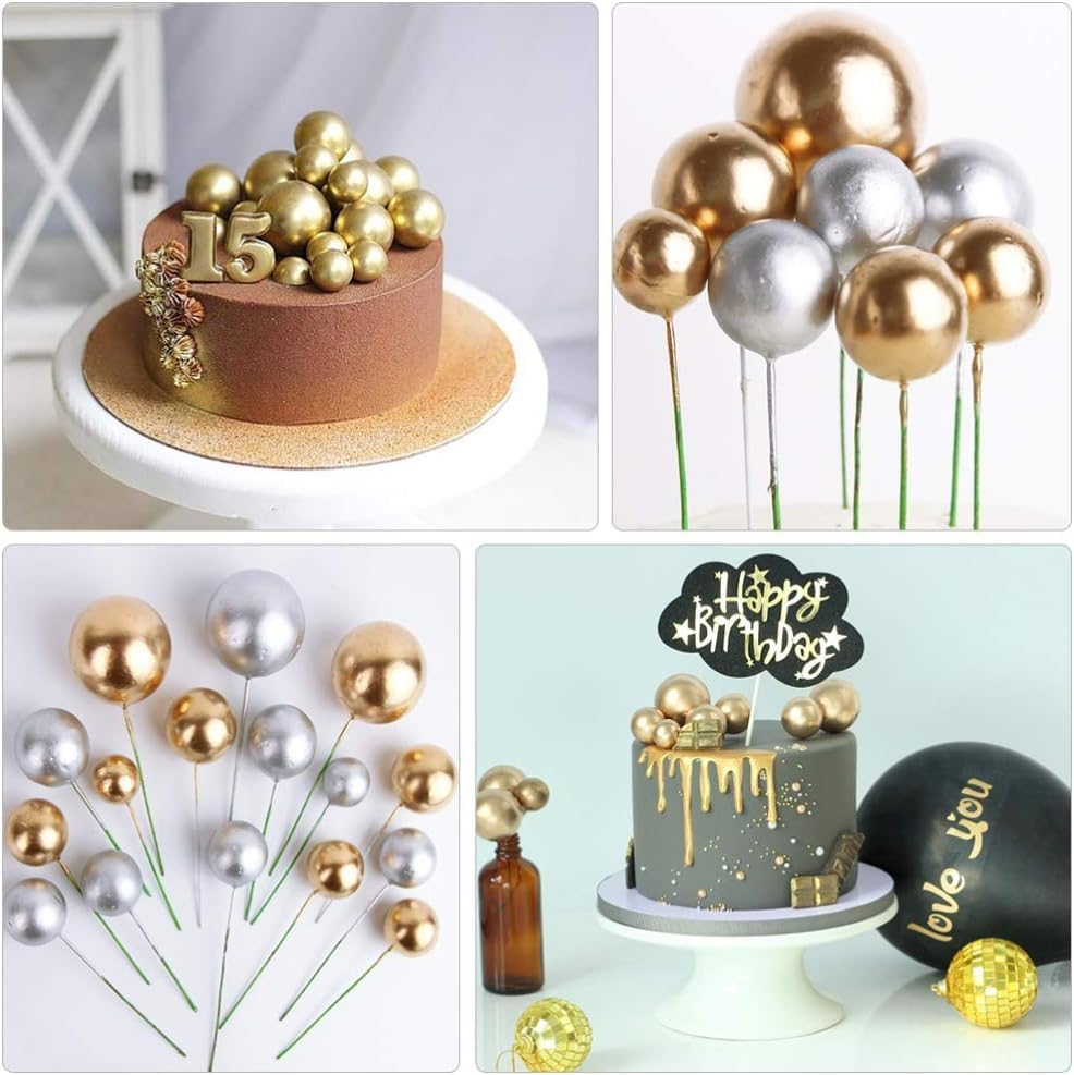 16Pcs Birthday Christmas Cake Toppers Golden Silver Balls Pearl Foam Cake Decoration Cupcake Dessert Topper Picks Holiday Party Supplies image number 5
