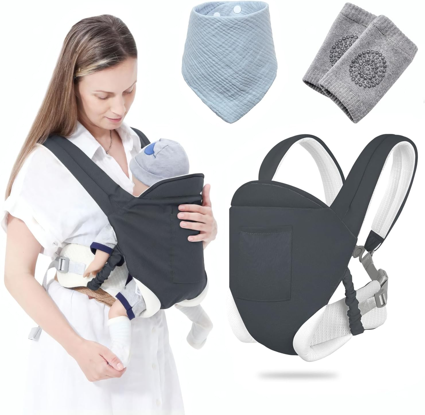 Slowton Baby Carrier for Infant to Toddler 7-55Lbs, Ergonomic Breathable Baby Carrier with Adjustable Shoulder Strap, Baby Drool Bib & Knee Support, Easy to Wear, Perfect for Summer Outing (Grey) image number 1