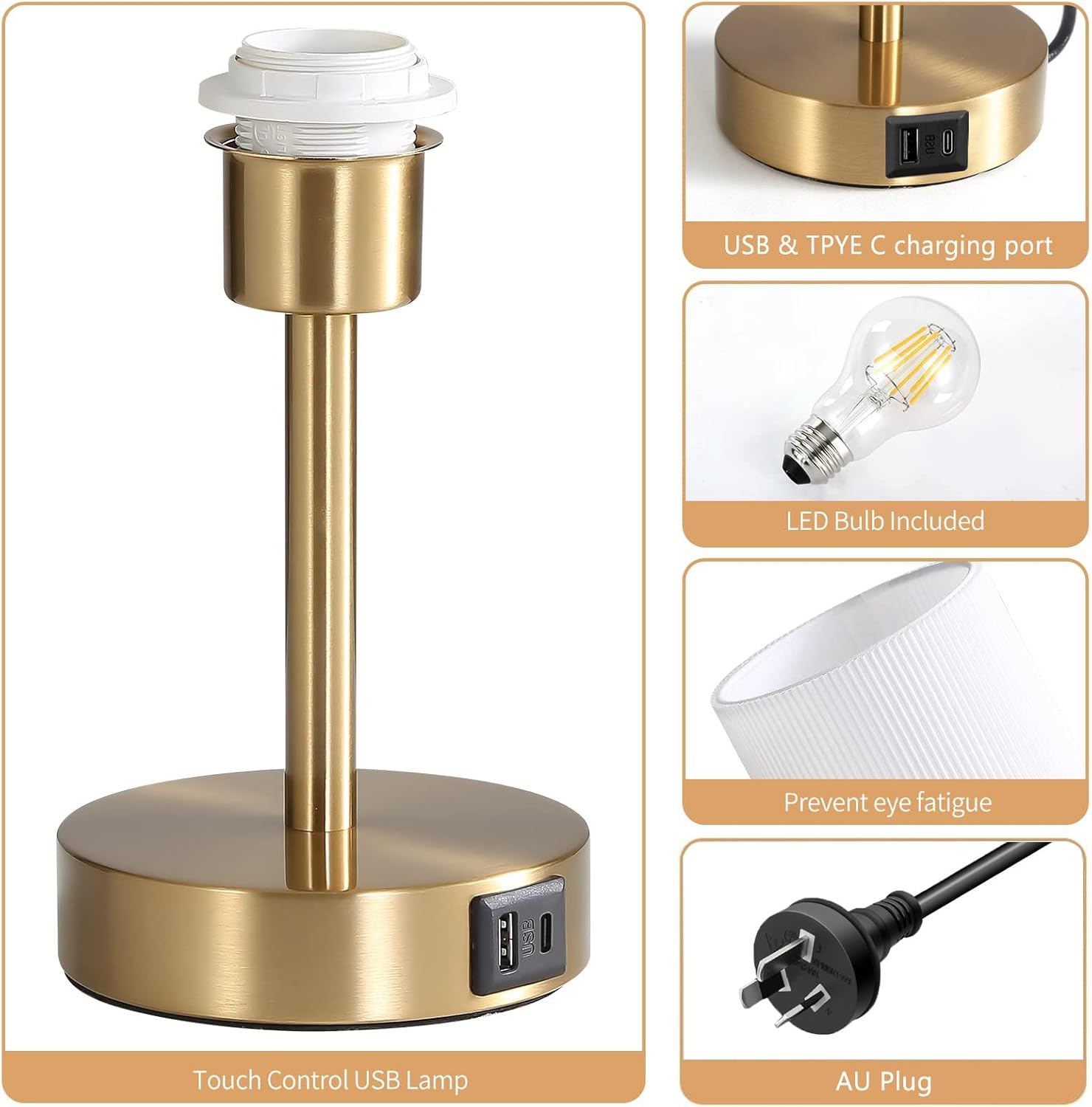 Kinsdan Bedside Table Lamp, Touch Control Bedside Lamp with USB Port, Dimmable Nightstand Lamp with Fabric Shade, Desk Lamp for Living Room, Dorm, Home, Office (LED Bulb Included), White image number 3