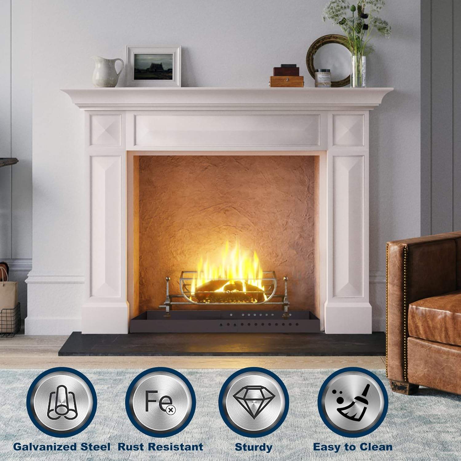 Rectangle Fireplace Tray,Expandable Ash Pan for Collecting Ash,Galvanized Steel with Powder Coated Adjustable Ember Holder Fireplace Pan,Black