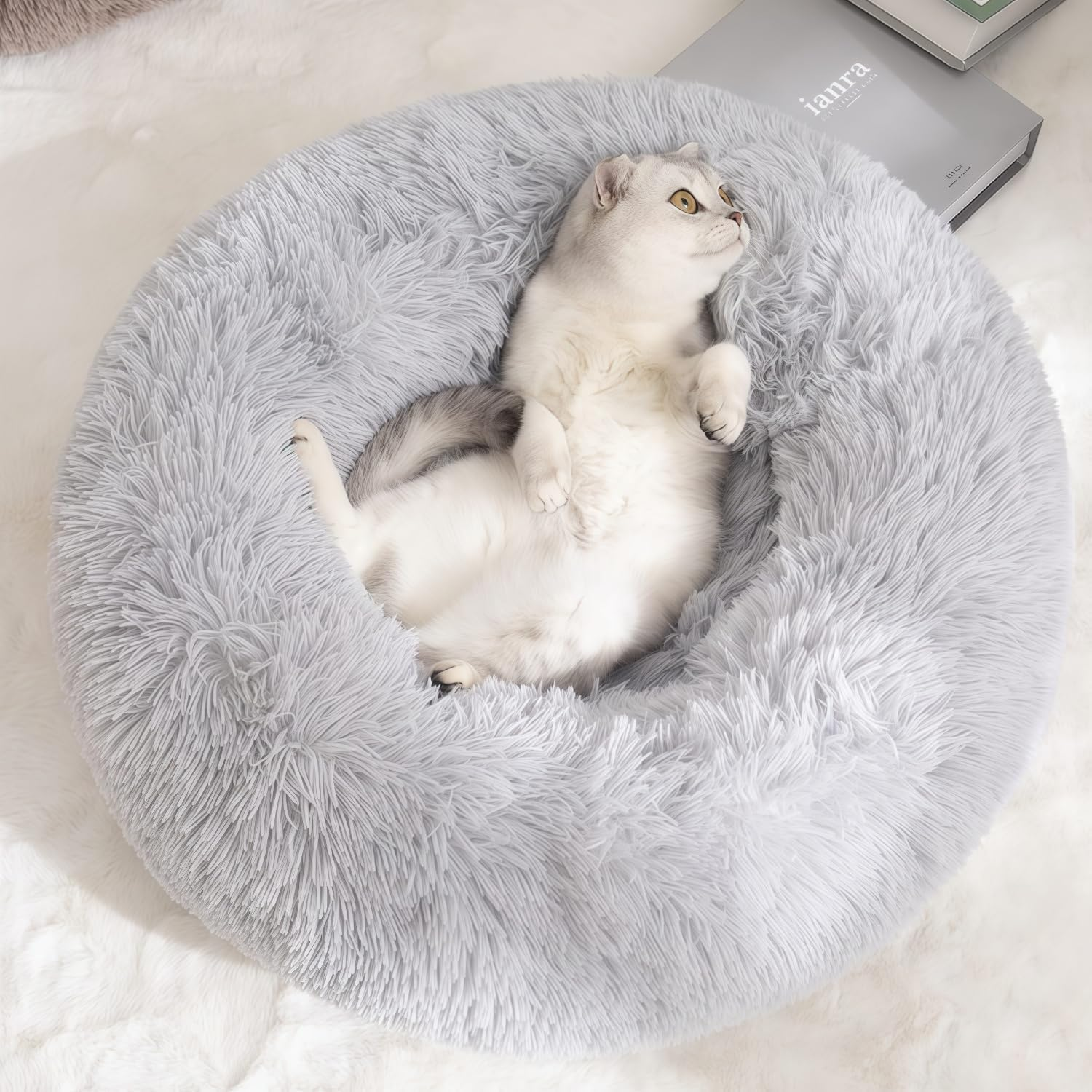 Kiuiom Doughnut Pet Bed, Plush Pet Bed, Fluffy Cat Bed, round Dog Cushion, Cat Basket, Sleeping Cat Bed, Plush Cat Cushion, Dog Cushion, Washable Puppy Bed (Grey, 40 Cm) image number 3