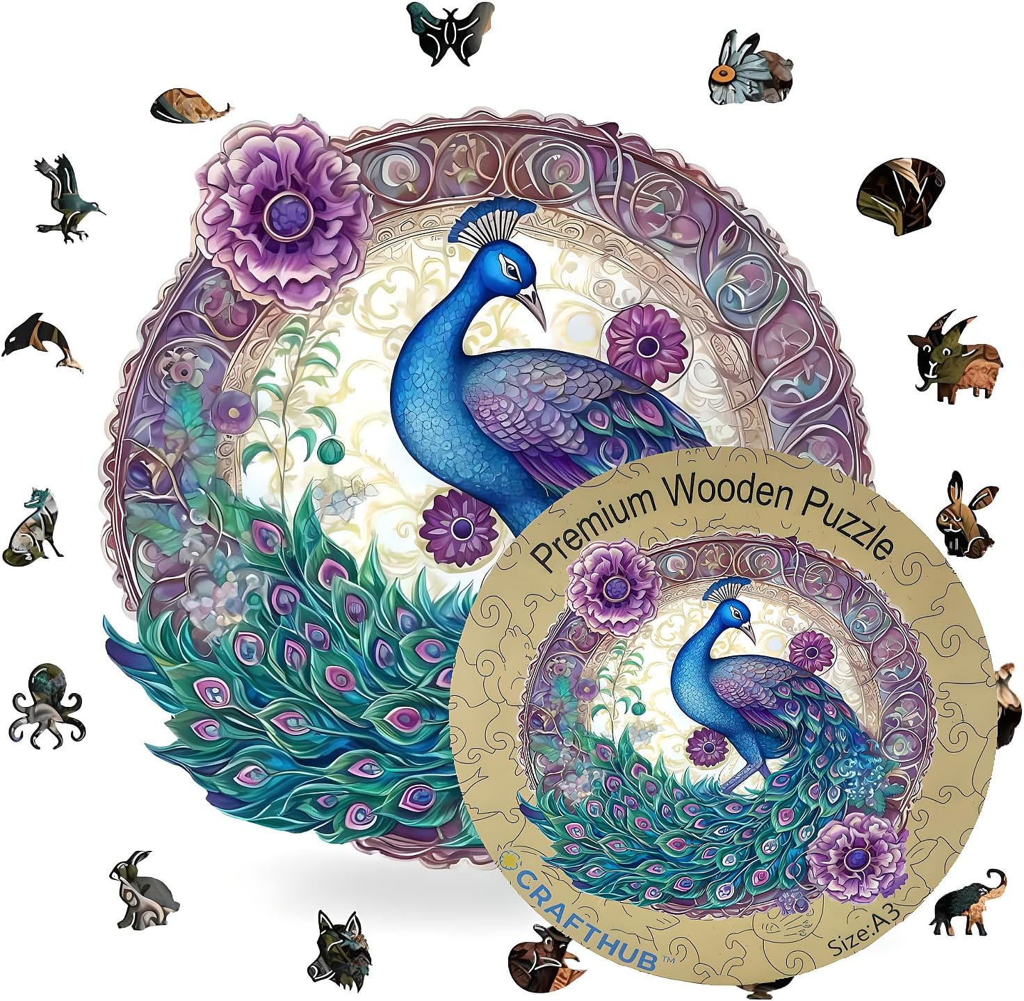 CRAFTHUB Enchanted Feather Blue and Purple Peacock Surrounded by Flowers Wooden Jigsaw Puzzle, Large/A3