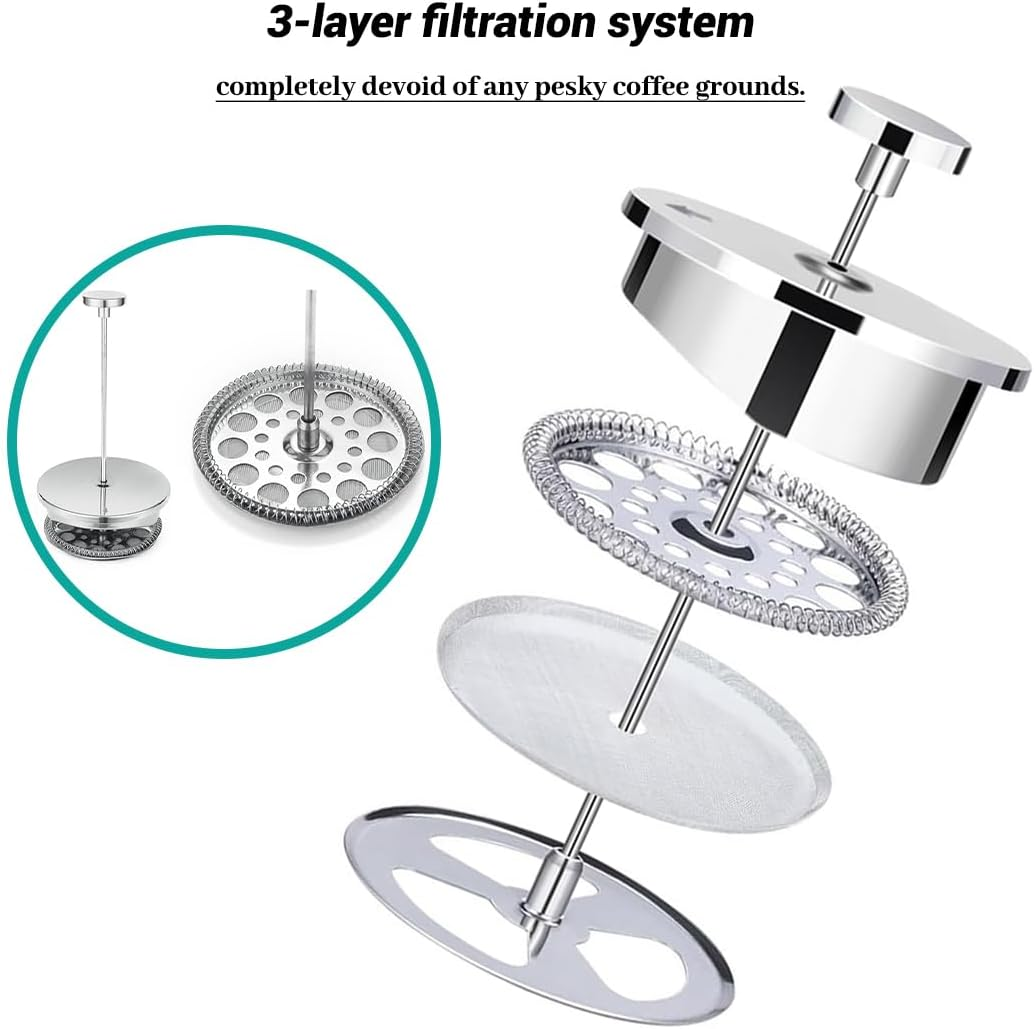 Stainless Steel French Press Coffee Maker (34Oz/1000Ml), Insulated Coffee Maker with Extra 2 Filters, Durable & Rust-Proof, Ideal for Home and Travel image number 4