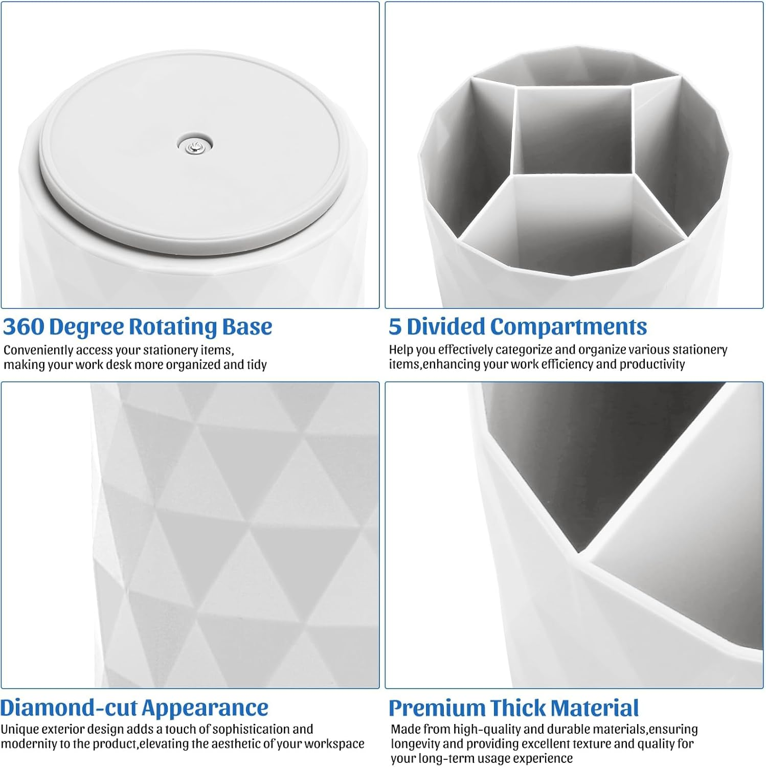 DUOMIAO Desk Organizer,Sparkling Diamond-Like Pen Holder for Desk 360&deg;Rotating Office Desk Accessories,Pencil Cup with 5 Compartments Storage Box Caddy for Office,School,Home,Art Supply. (White) image number 6