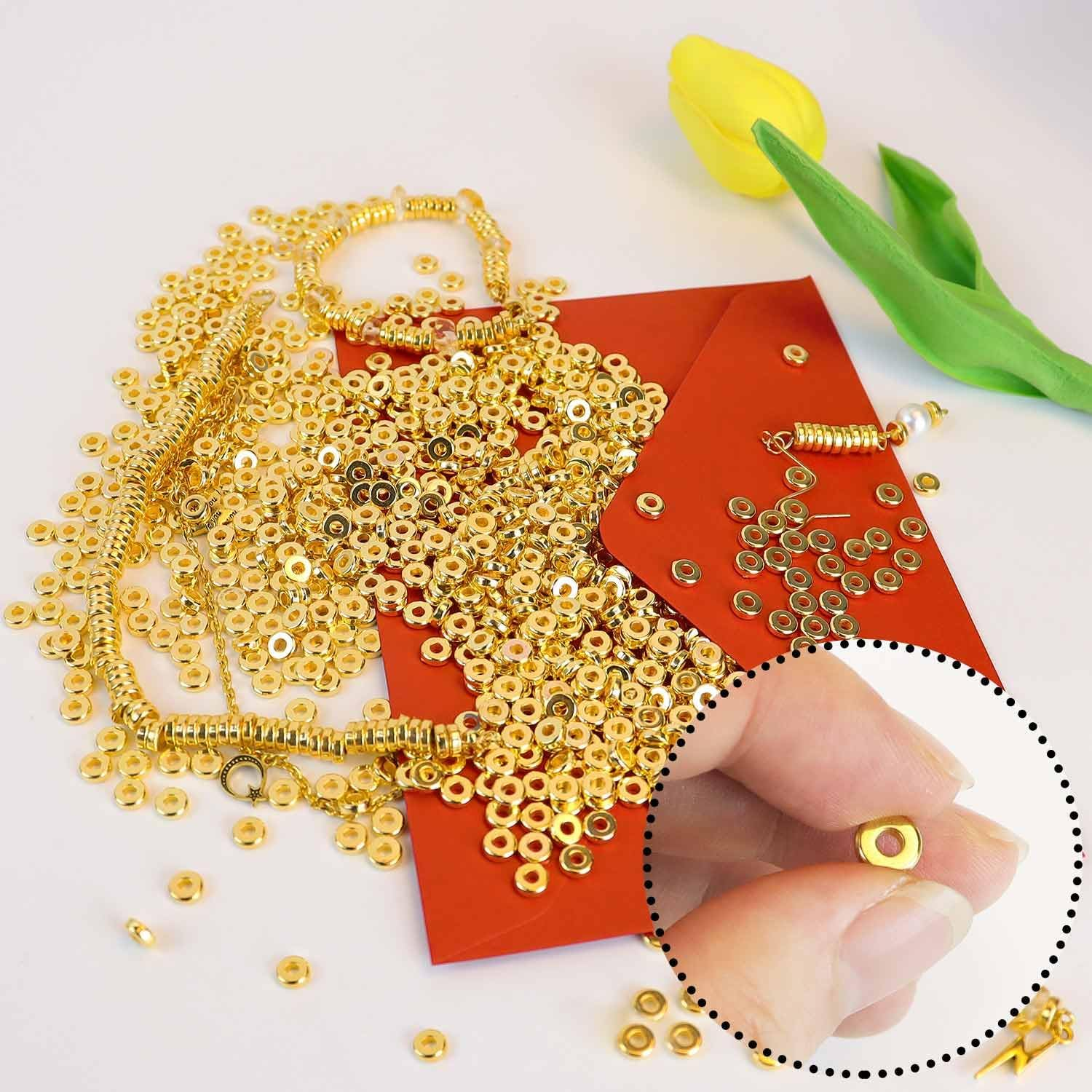 1000 Pcs 6Mm Flat Gold round Spacer Beads Disc Spacer Loose Beads for Jewelry Making Flat round Rondelle Spacers Beads for DIY Bracelet Necklace Earring 6Mm Heishi Bead Crafts Supplies (Gold) image number 3