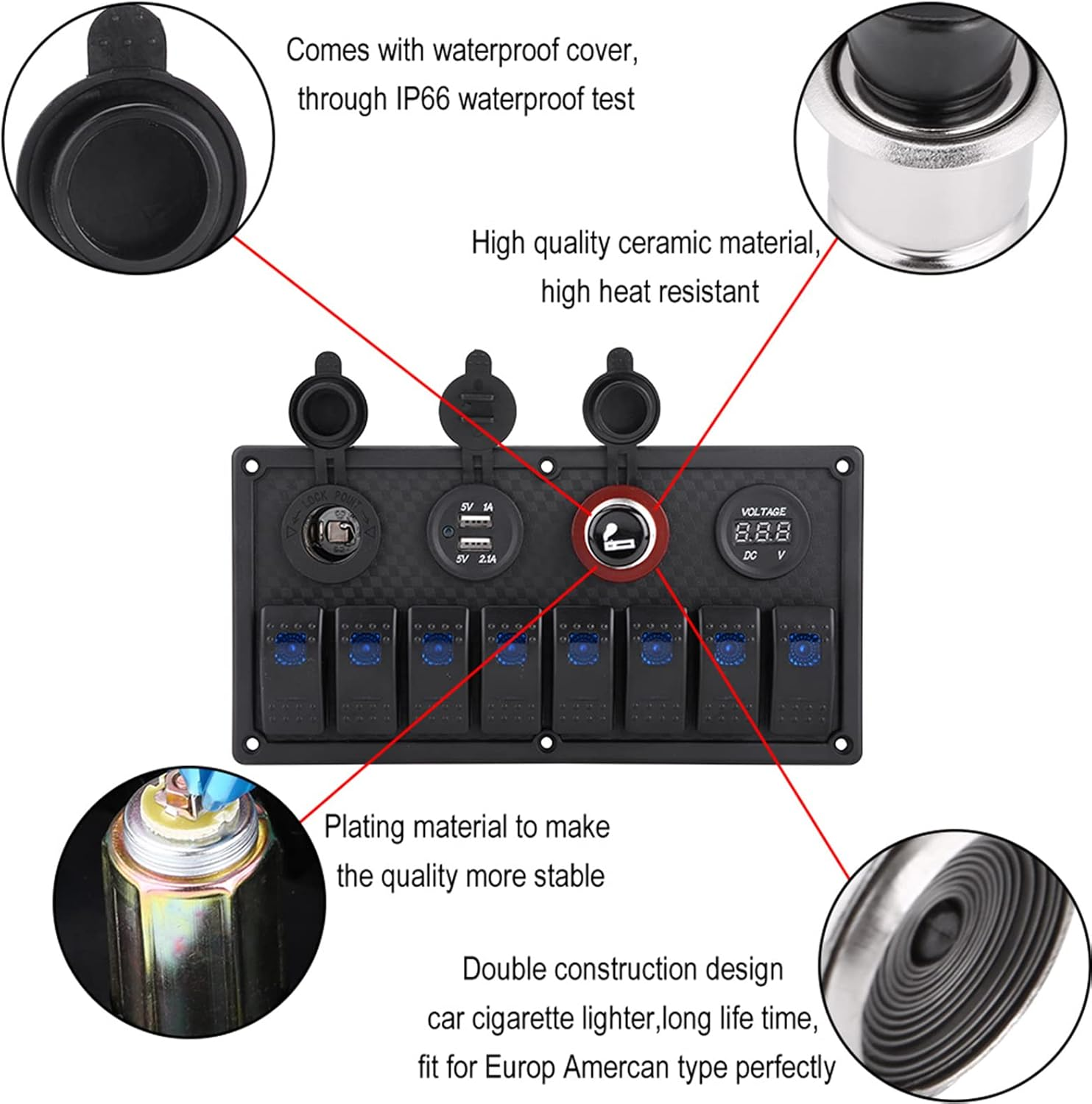 8 Gang Car Rocker Switch Panel with Blue LED Light Indicator, USB, Voltmeter for Boat, Ship, Car, 12V-24V Vehicles image number 3