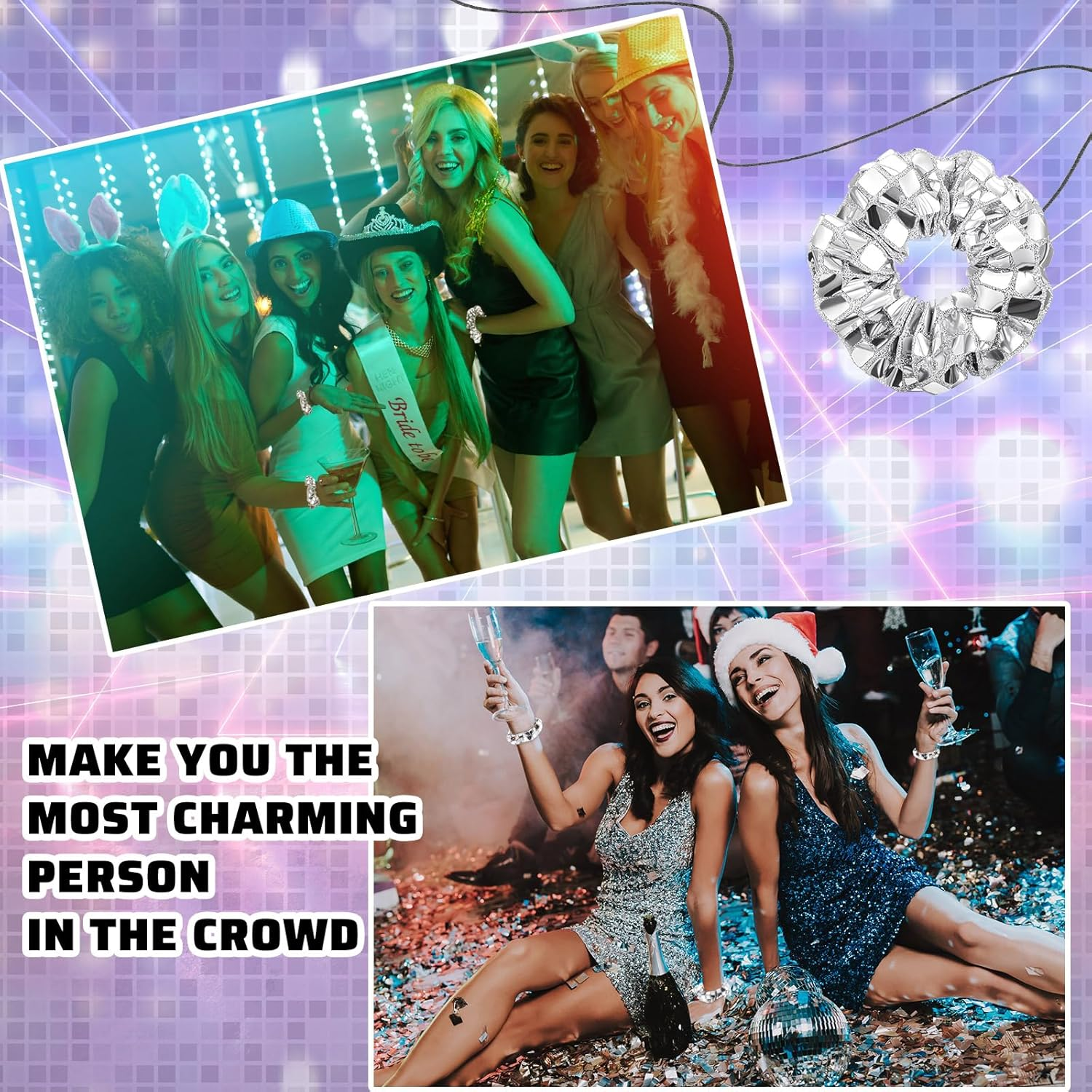 Lyrow 24 Pcs Disco Ball Sequin Hair Scrunchies Last Disco Bachelorette Party Favors Silver Metallic Hair Bobbles Elastics Ponytail Holders Mirror Disco Ball Retro 70S 80S 90S Disco Party Bridal Shower image number 2