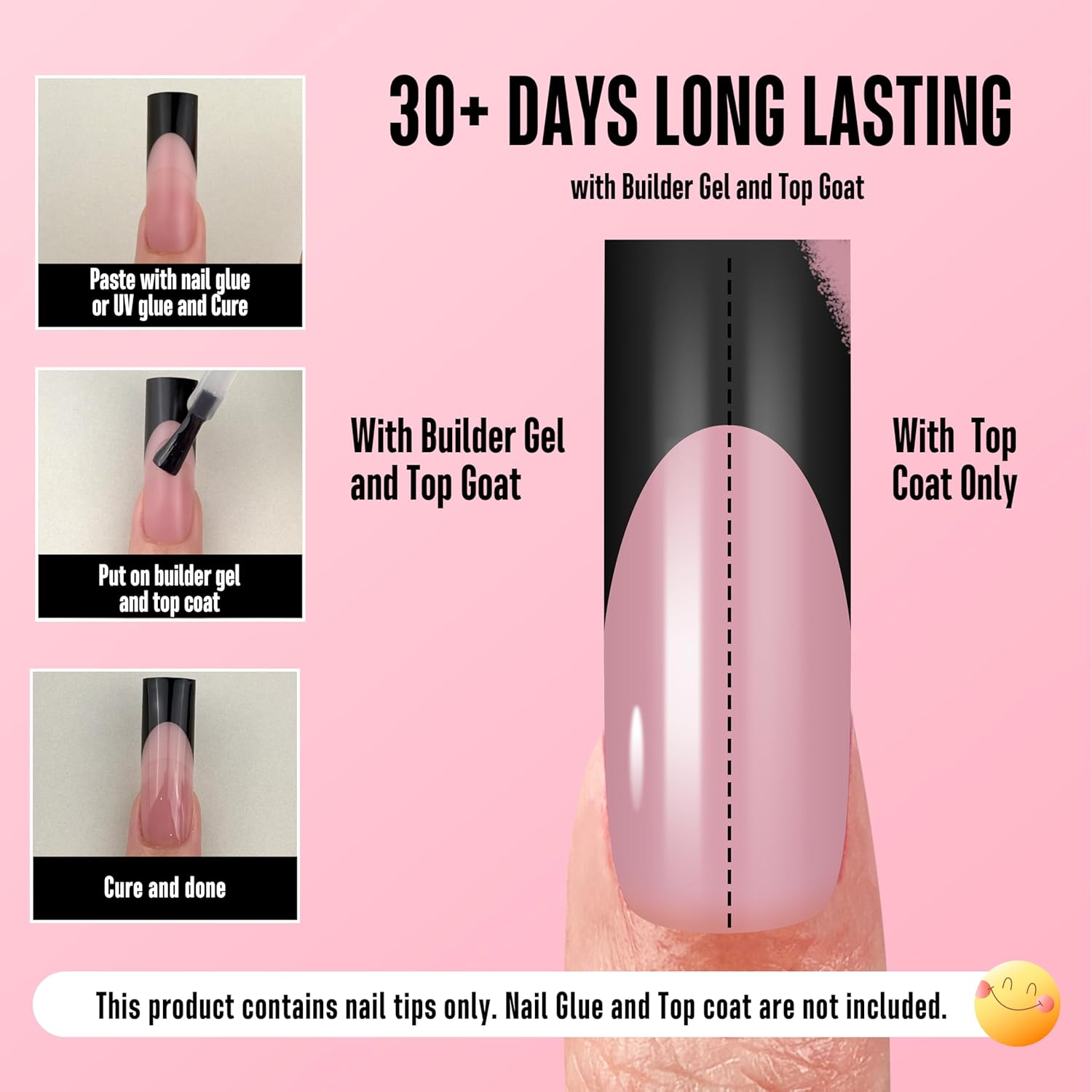 NOVO OVO Long Sharp Square Black French Tip Nail Tips Press on Berry Pink, Extra Thick Need Builder Gel & Top Coat & Glue, Soft Gel Extension Full Cover for DIY 15 Sizes, Pack of 180 image number 6