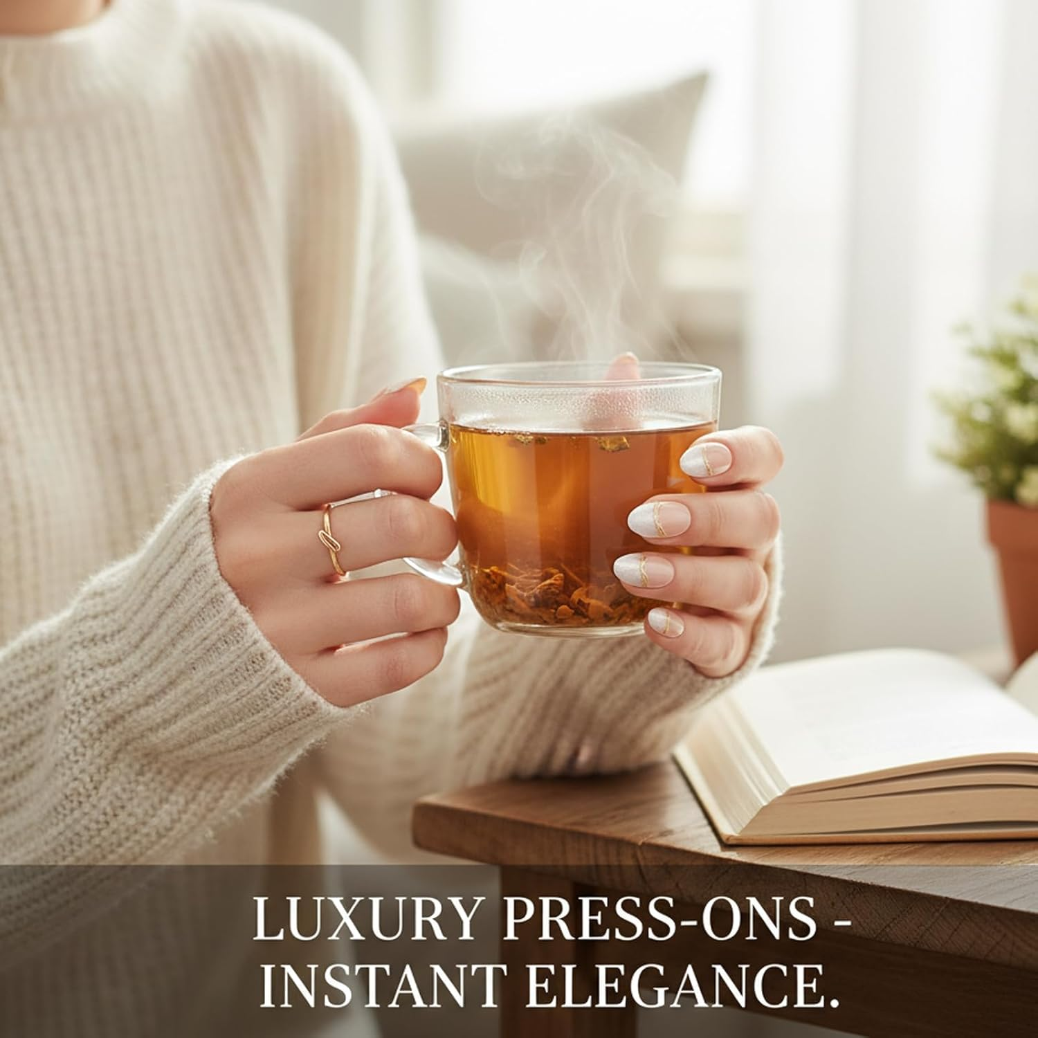 Press on Nails, French Tip with Gold Accents, 30 Piece Set with Jelly Adhesive Tabs, Salon-Quality Fake Nails for Women, Easy Application at Home image number 1