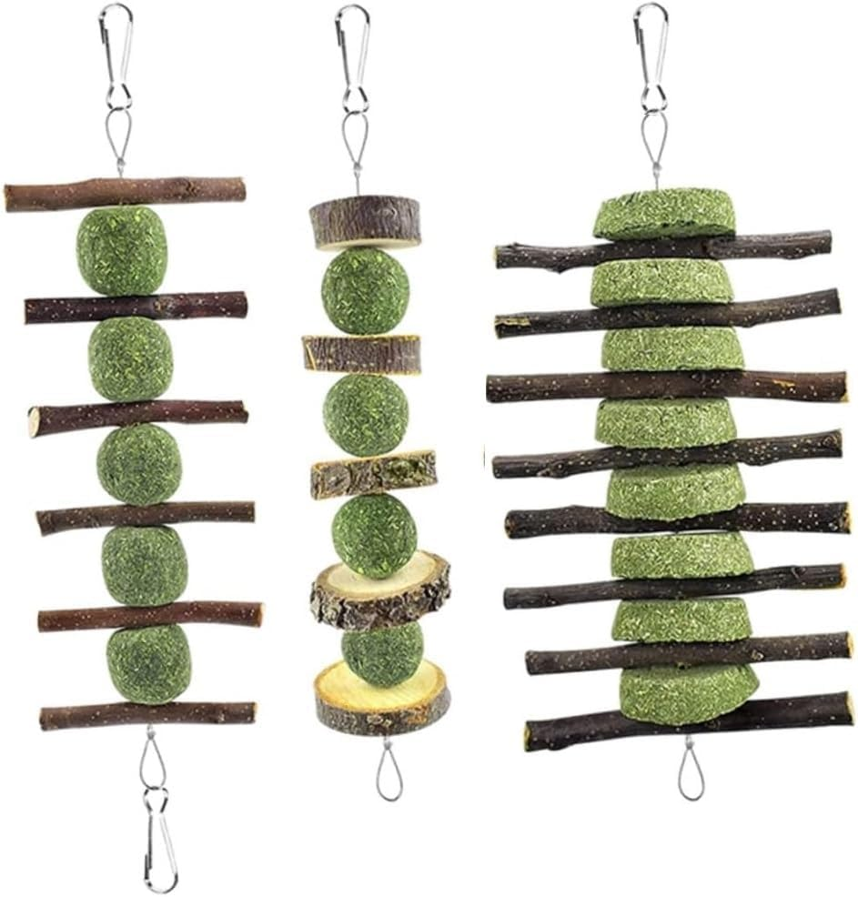 Bunny Chew Toys, Rabbit Chew Toys for Teeth Grinding, Natural Apple Wood Timothy Grass Cake Treats for Rabbits Guinea Pigs Chinchillas Bunnies Hamsters (3 Pcs) image number 2